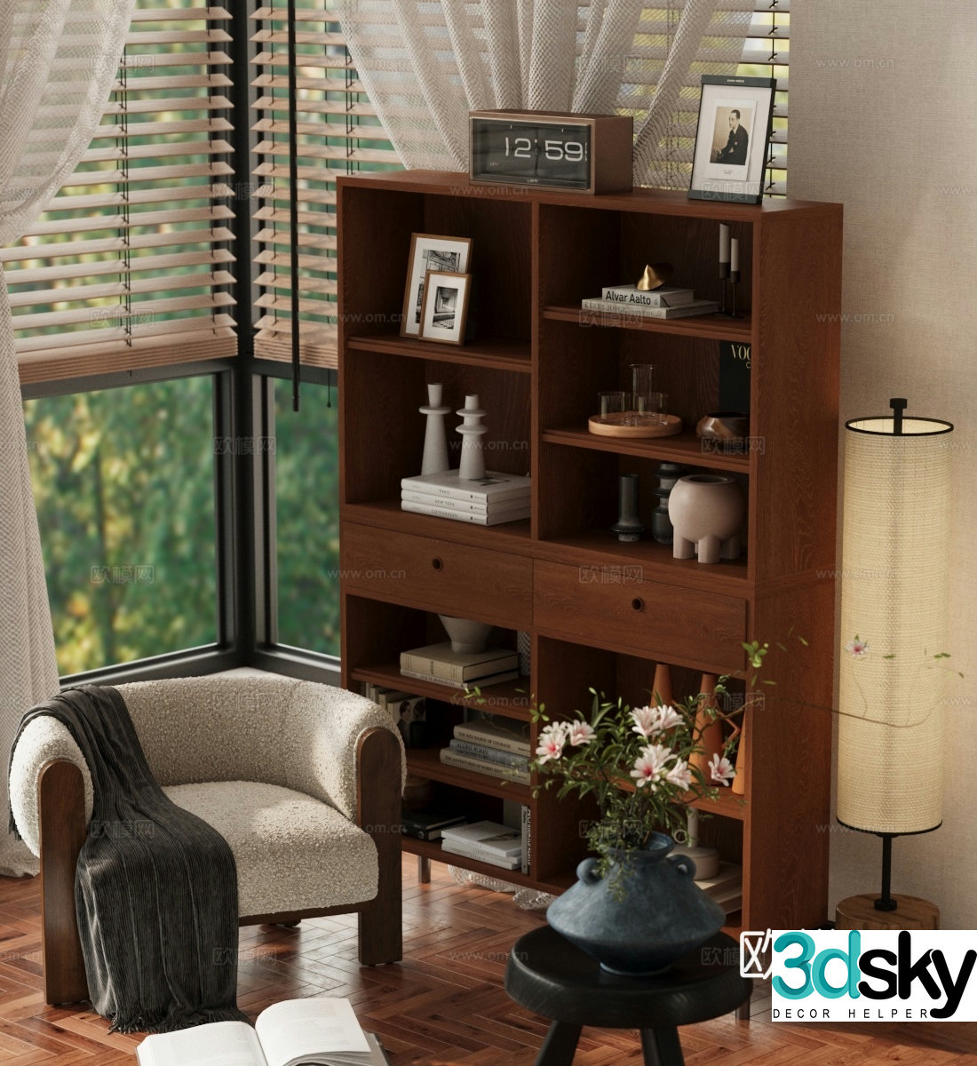 Middle-aged style storage cabinet bookcase leisure chair floor lamp potted flower art 3D model
