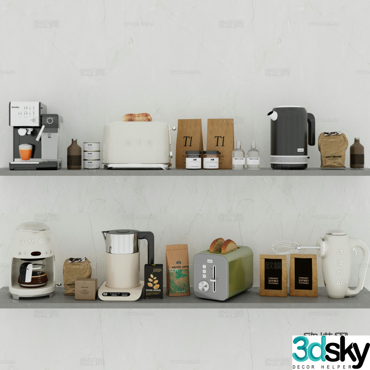 Coffee machine Bread machine Bean grinder Coffee pot Coffee bag 3d model