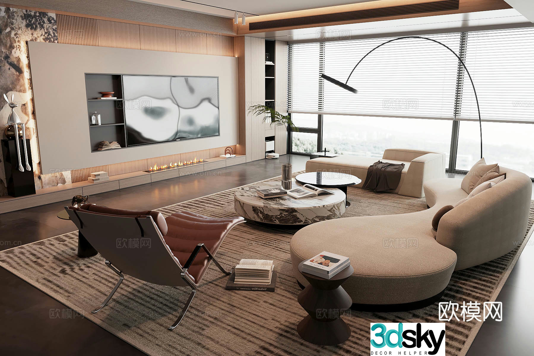 Modern home living room sofa coffee table combination module sofa TV wall background wall light luxury 3D model