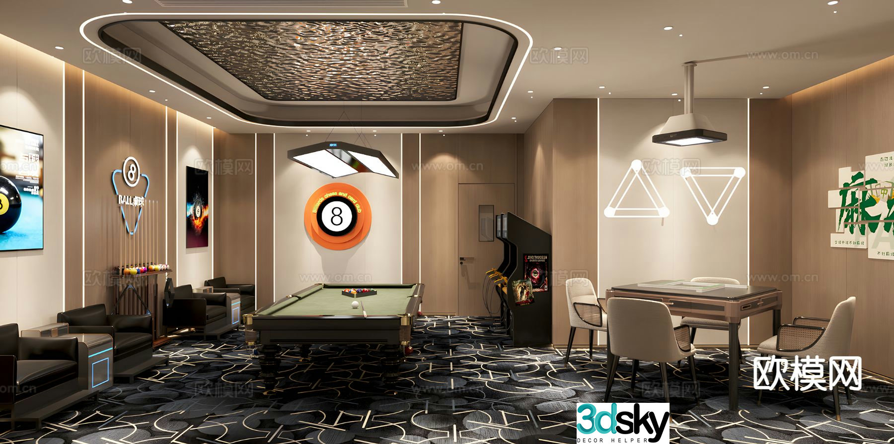 Modern billiard room chess and card room 3d model