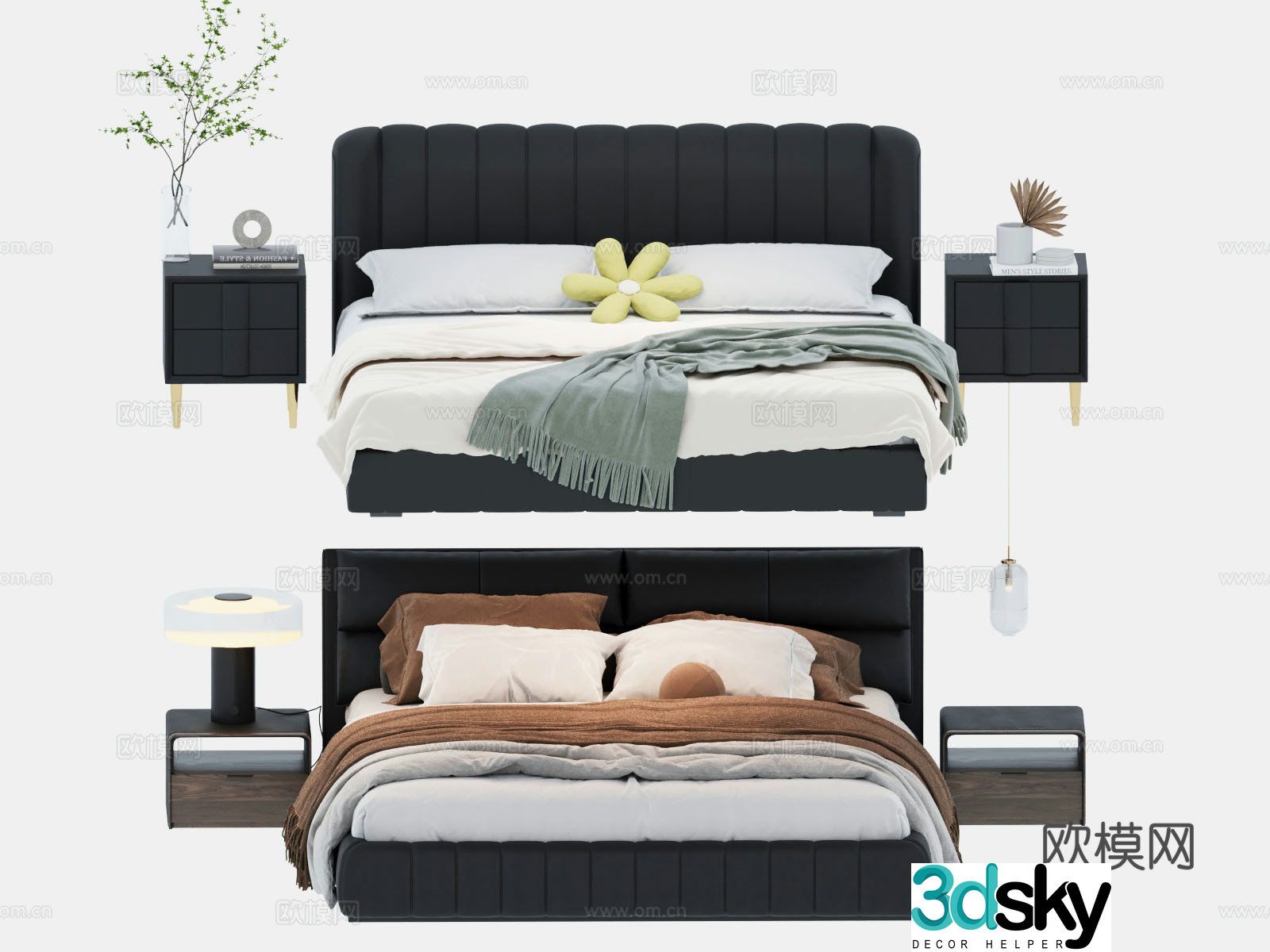 Modern double bed with headrest leather bed 3D model