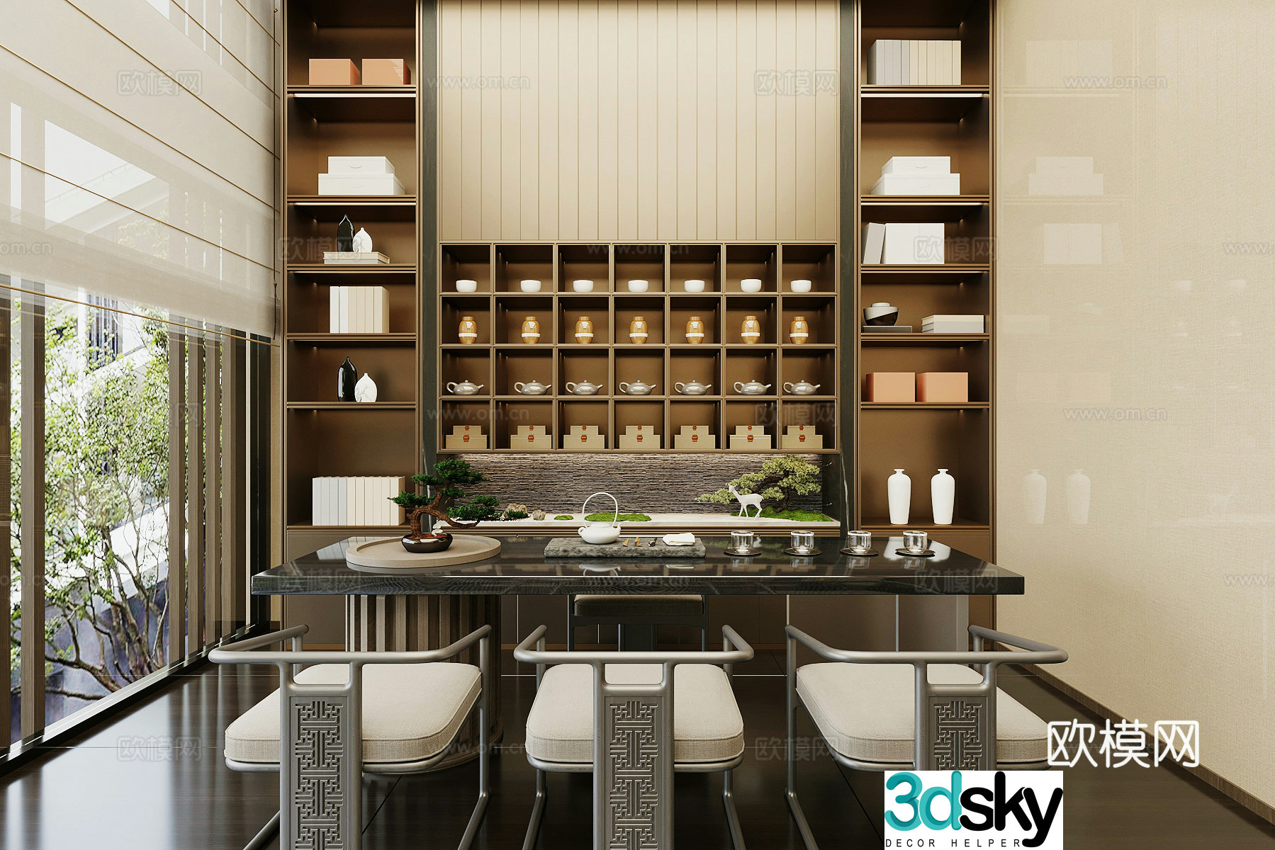 New Chinese-style Zen tea room tea tasting area tea table and chair combination living room tea room Song-style aesthetic tea room 3D model