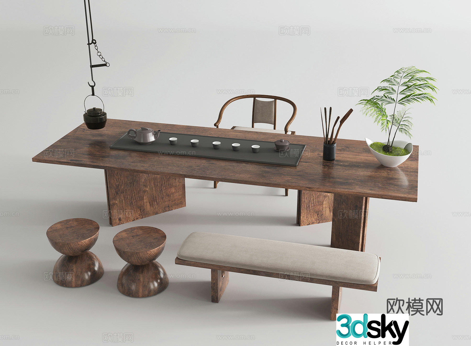 New Chinese-style tea table and chair combination tea table single chair jewelry ornaments big table long table tea set 3D model