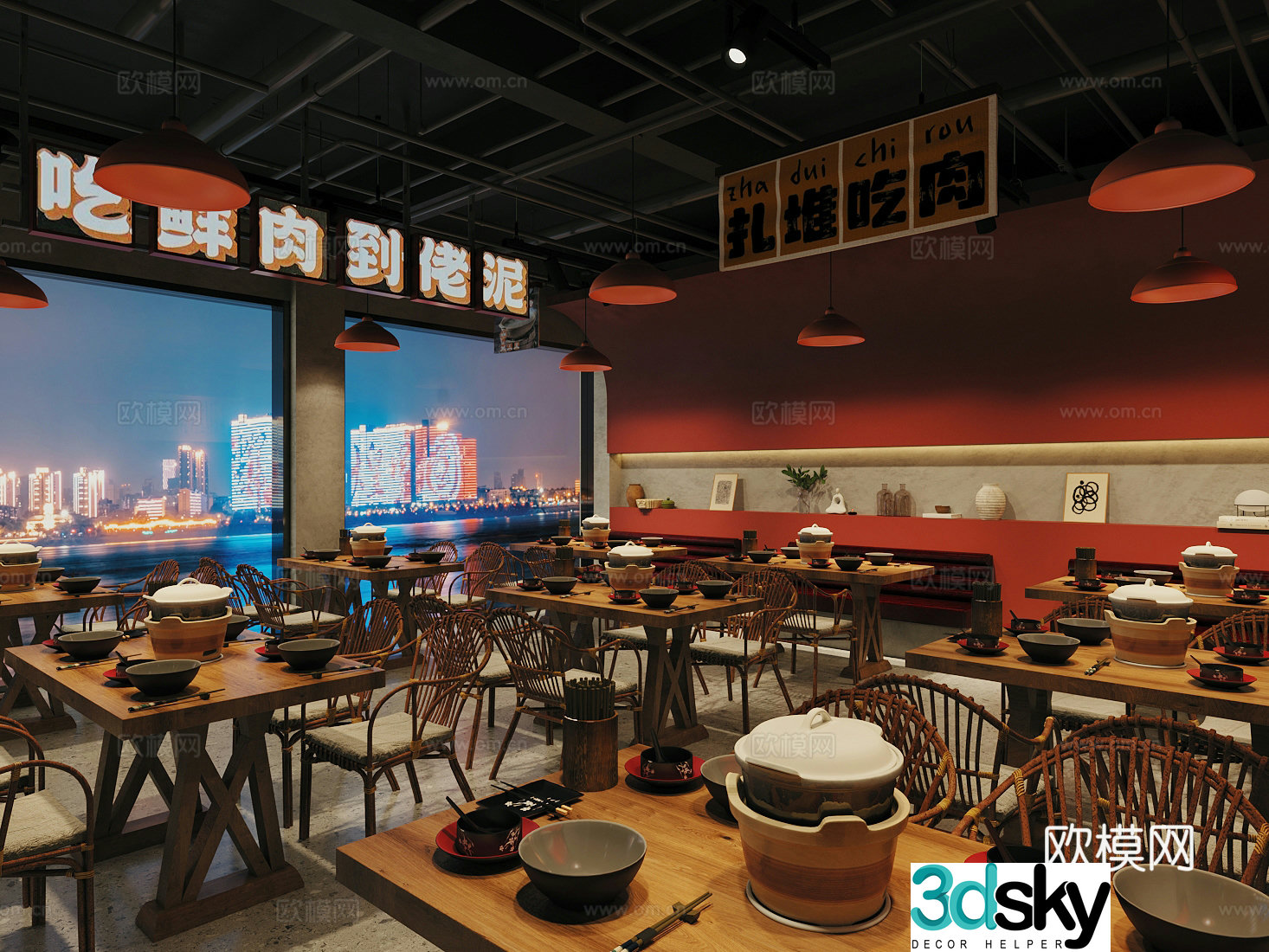 Industrial style nostalgic barbecue restaurant barbecue restaurant hot pot restaurant skewers restaurant Chinese restaurant hot pot tables and chairs 3D model