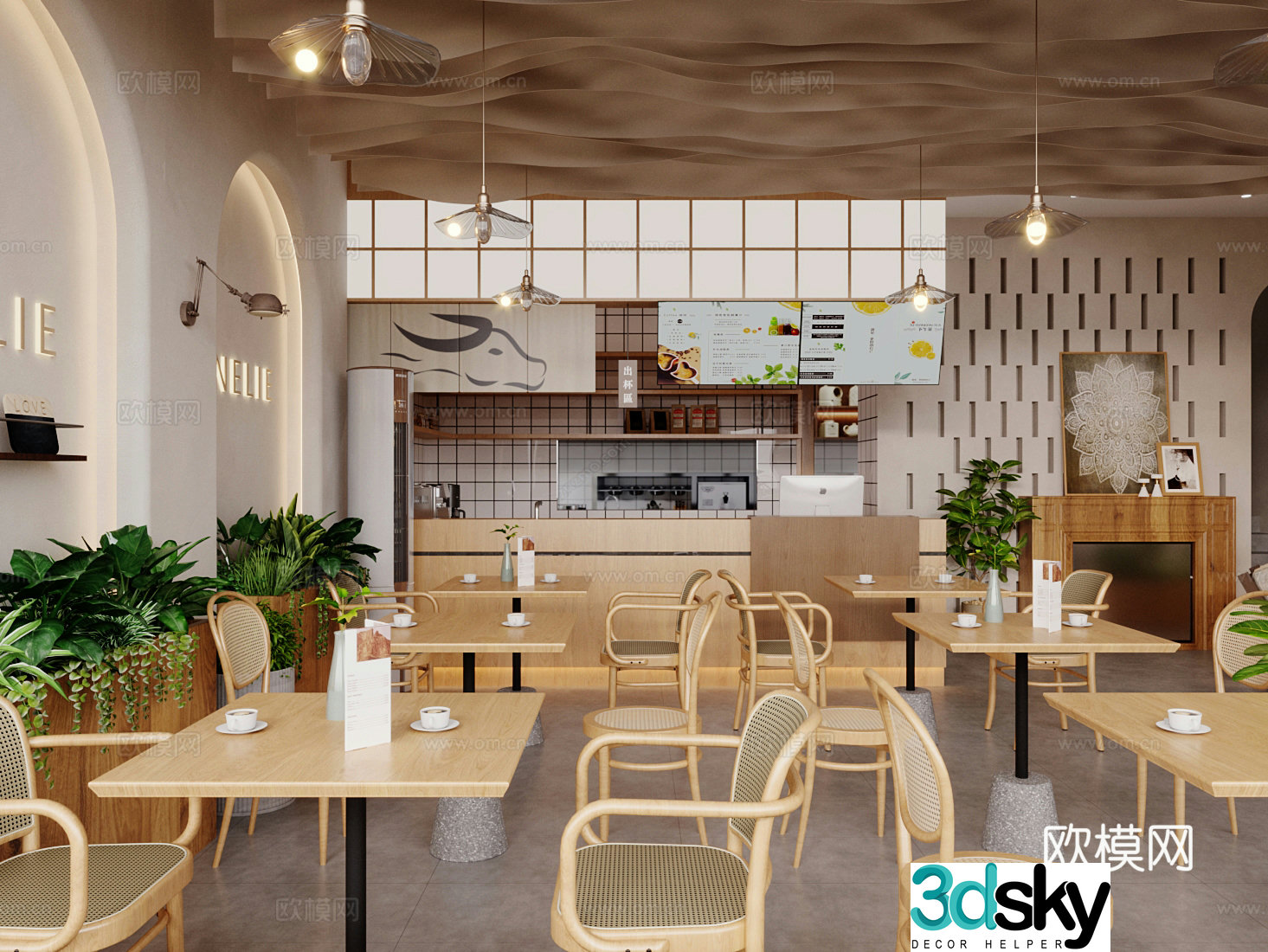 Log wood style milk tea shop dessert shop 3d model