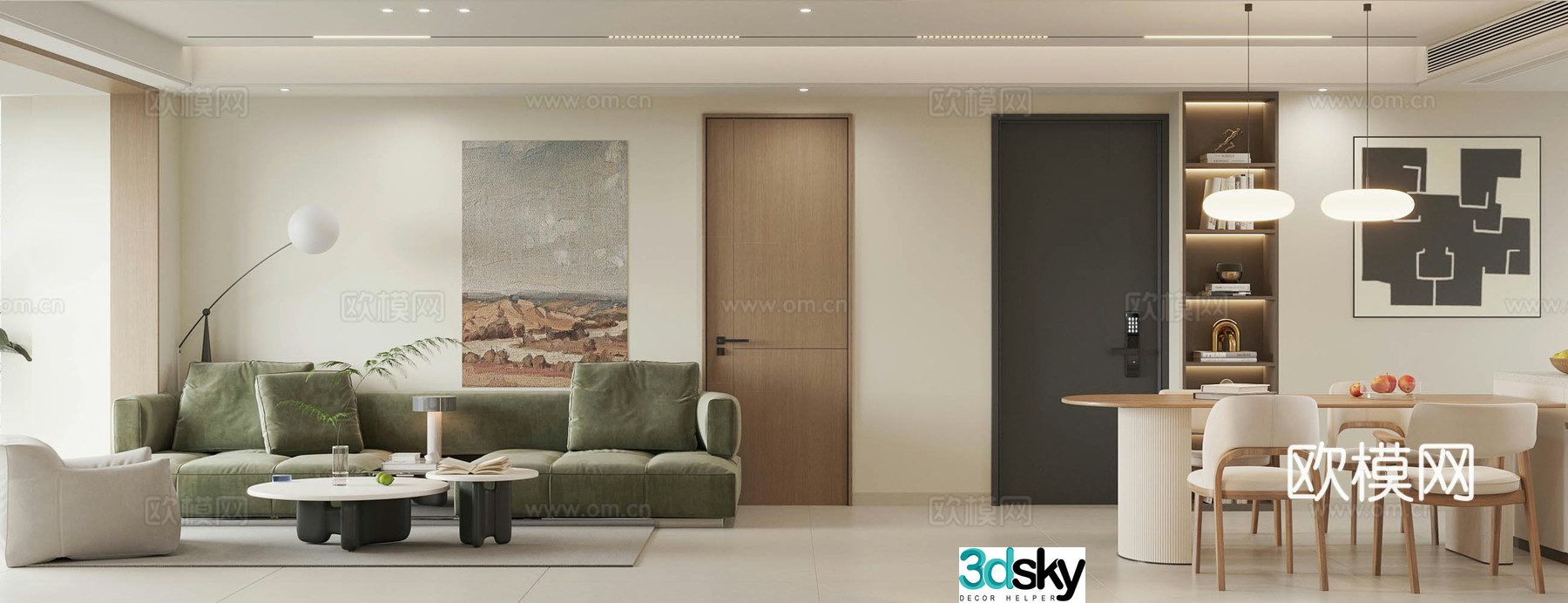 Modern home living and dining room sofa and coffee table combination fabric sofa living and dining room without lights dining table and chairs 3D model
