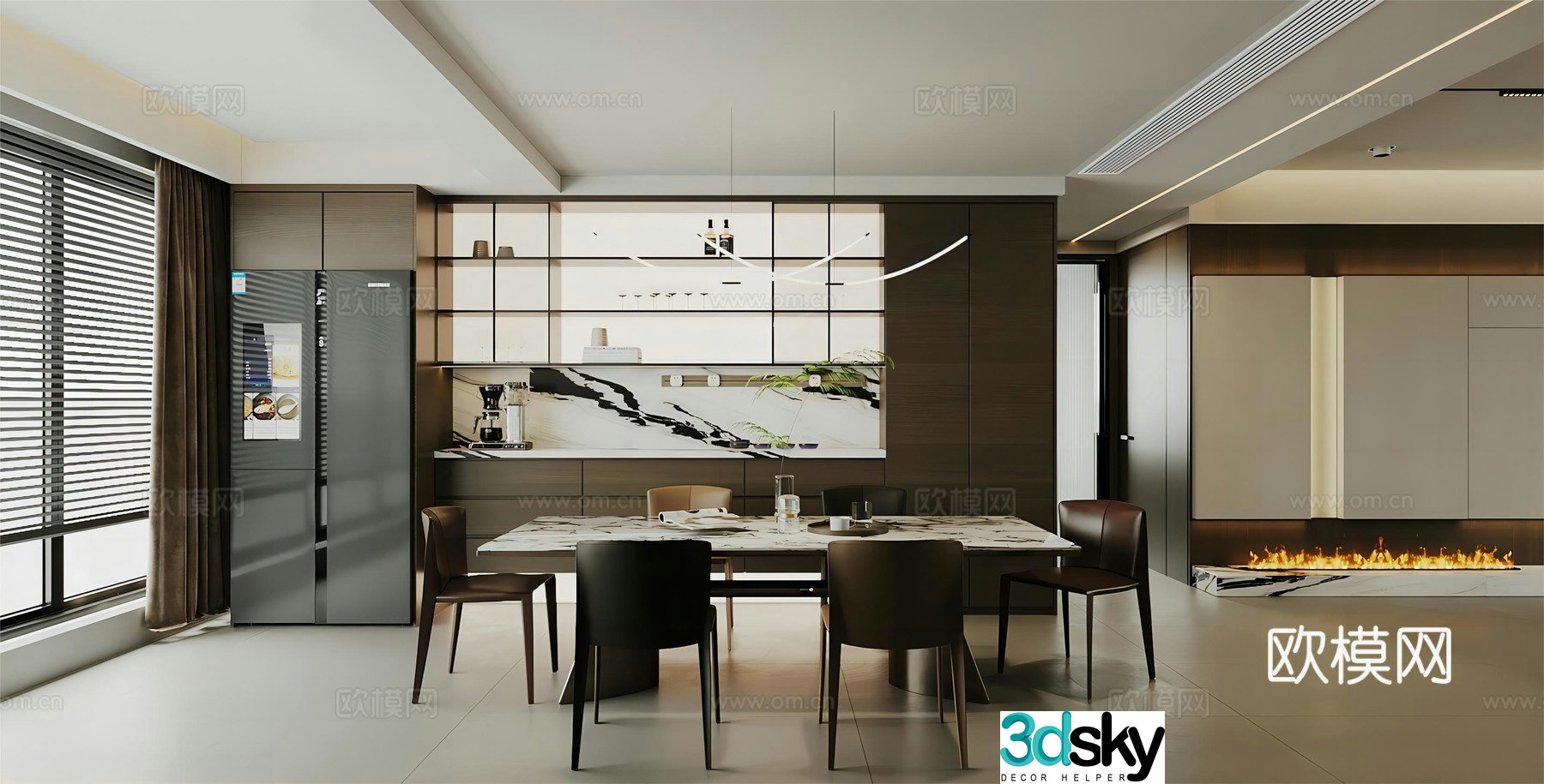Modern light luxury home restaurant Open restaurant Long table restaurant Light luxury sideboard sideboard 3D model