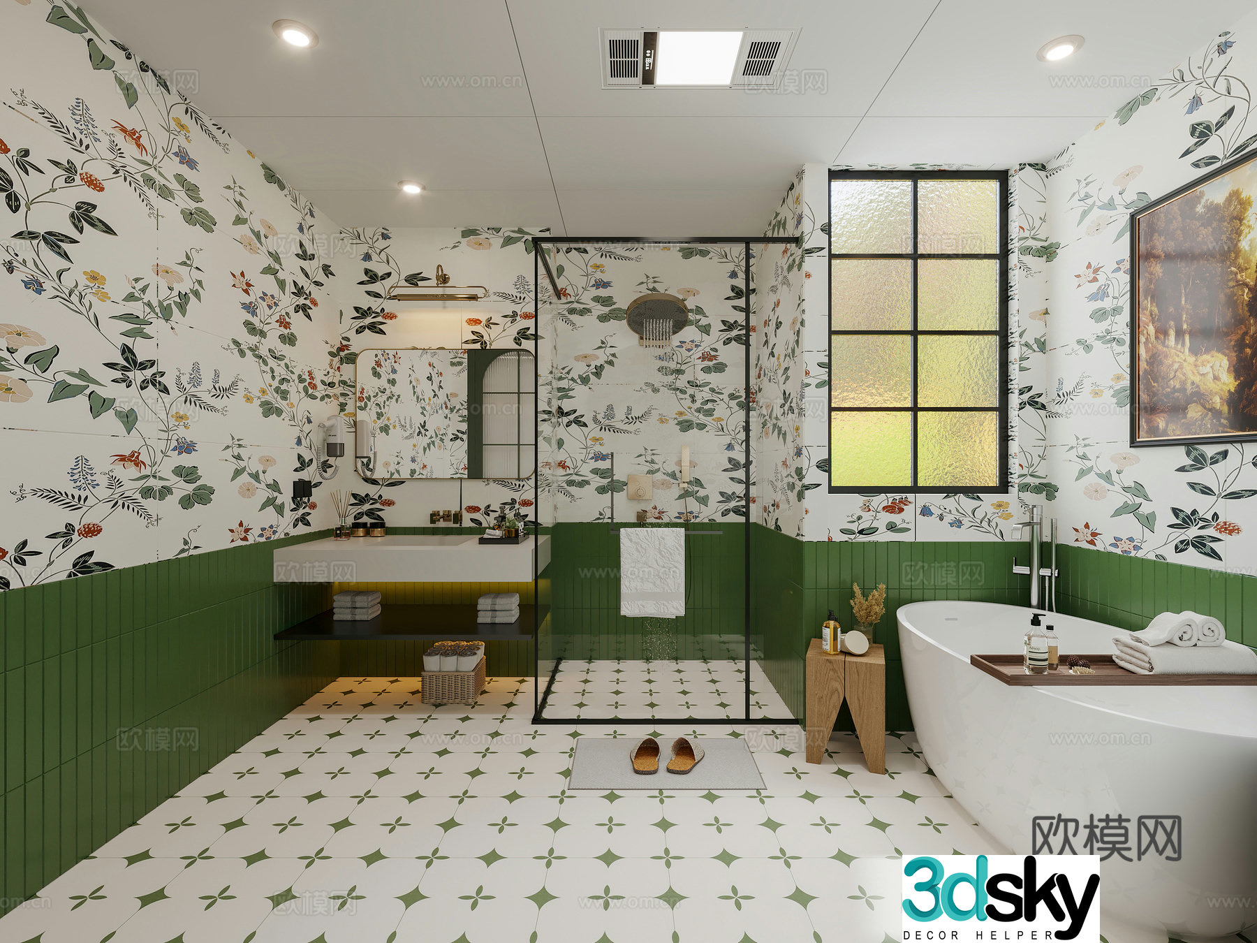 French bathroom French creamy bathroom bathtub side French floral tiles air heater 3D model