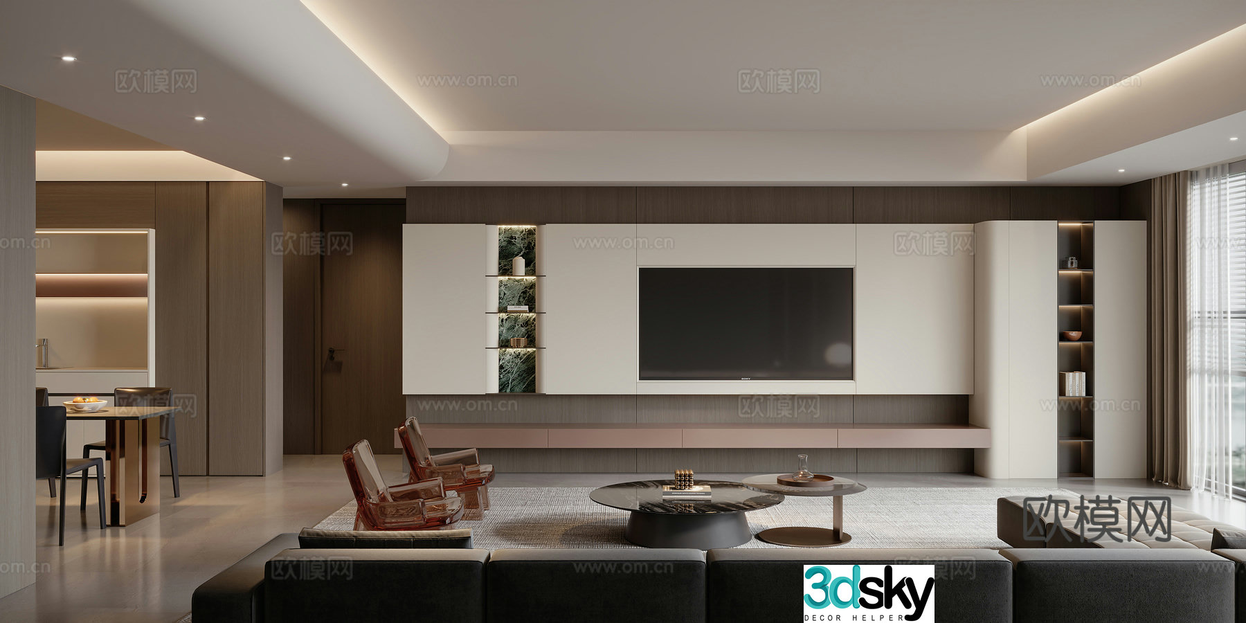 Modern home living and dining room 3d model