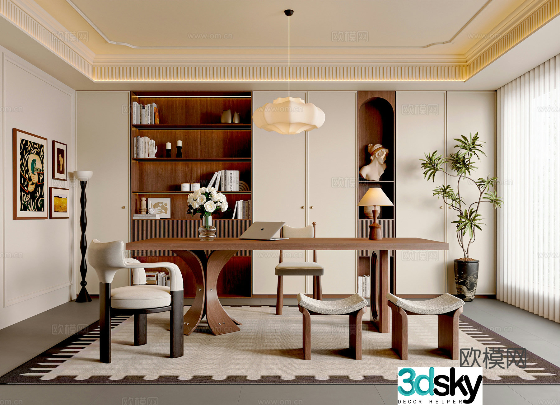 French medieval style study room medieval style desk and chair combination chandelier floor lamp medieval style bookcase 3D model