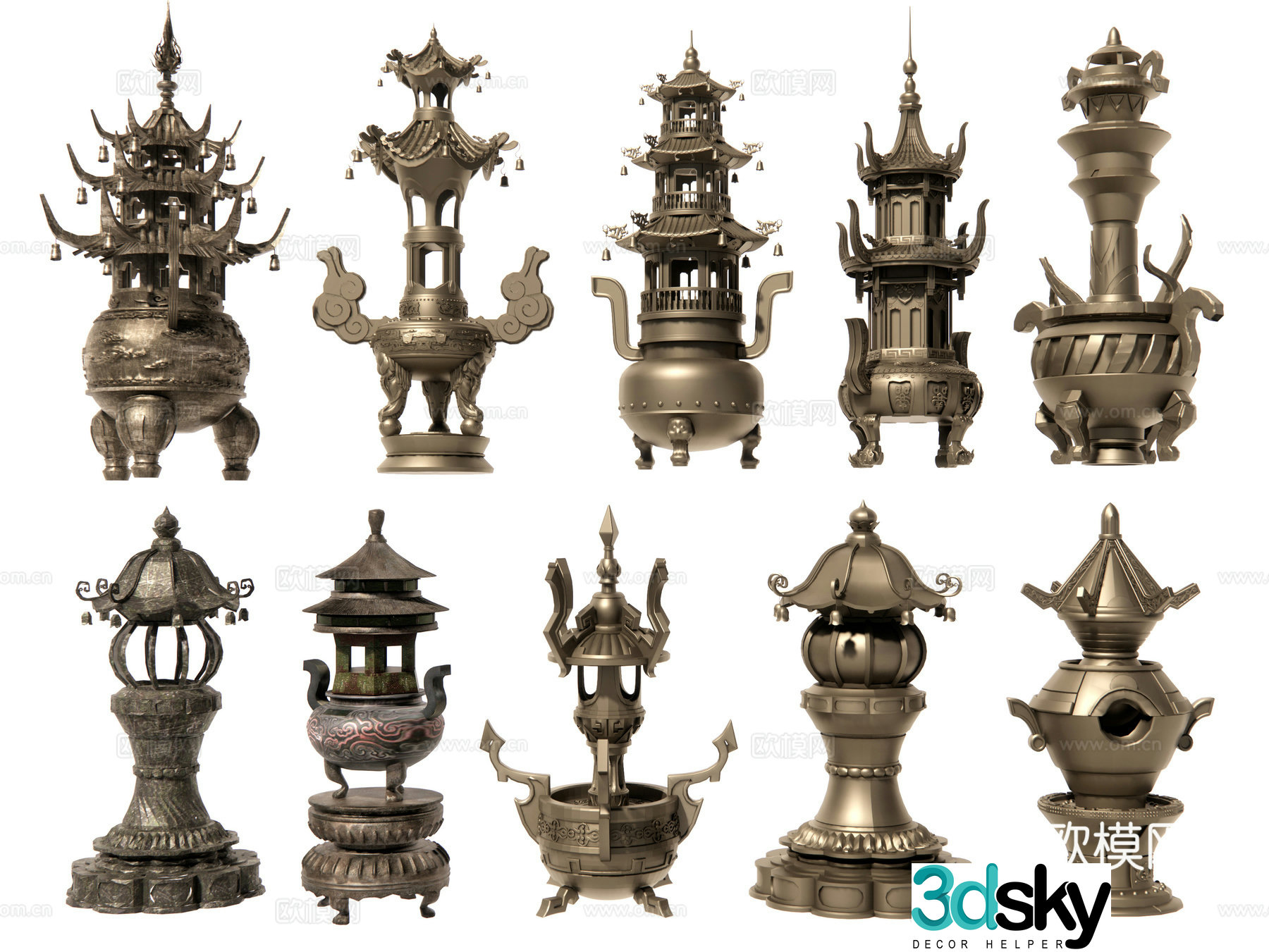 Chinese incense burner copper furnace incense burner Buddhist niche bronze tripod sacrificial supplies classical incense burner 3D model