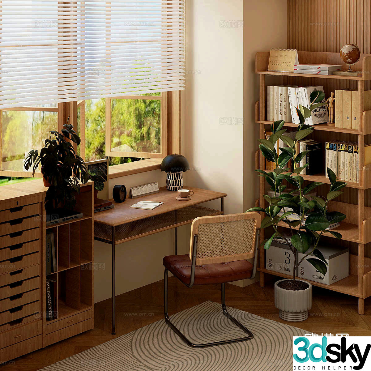 Middle-aged study retro study medieval style desk and chair bookcase desk ornament combination 3D model