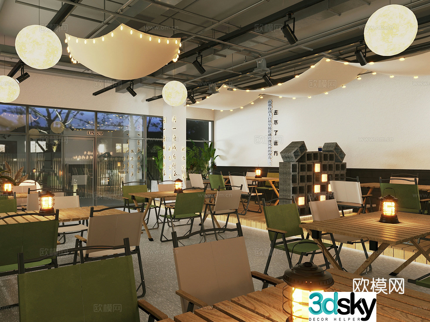 Industrial cafe Industrial style milk tea shop Camping cafe Camping equipment ornaments Camping table and chairs 3D model