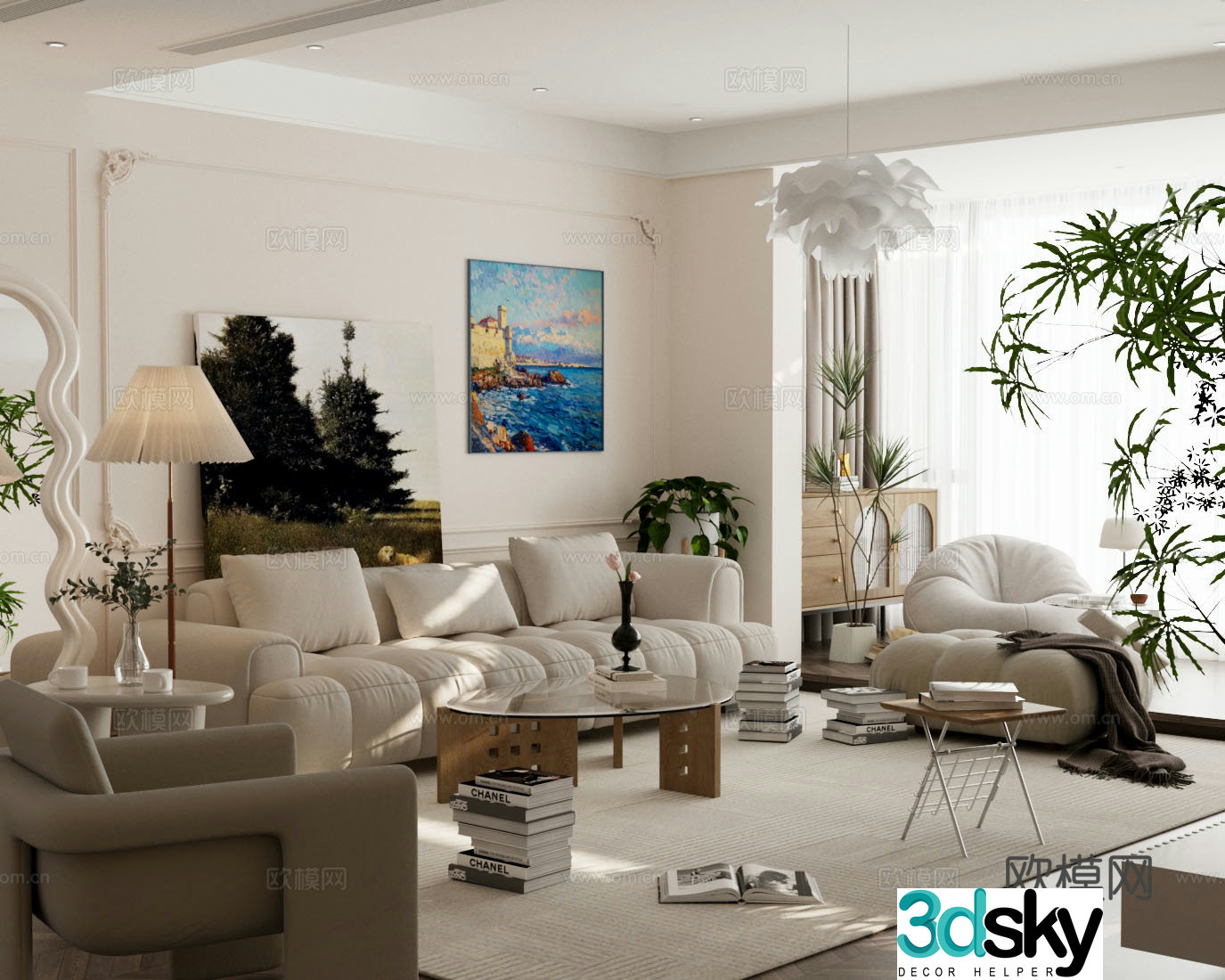 Cream home living room sofa coffee table combination decorative painting carpet floor lamp 3d model