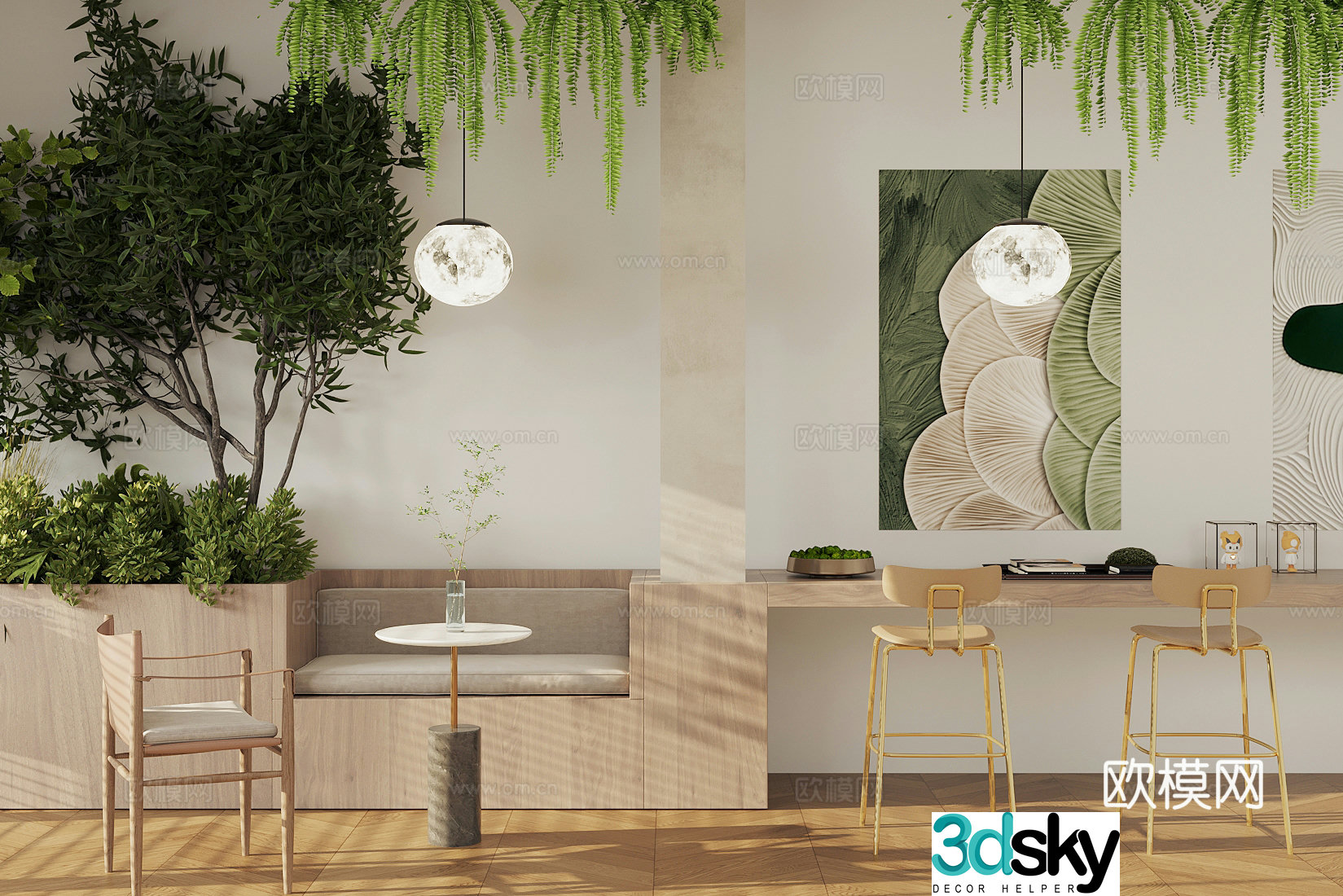 Creamy style milk tea shop rest area Milk tea shop card holder table and chair Natural camping style milk tea shop Green plant pile 3D model