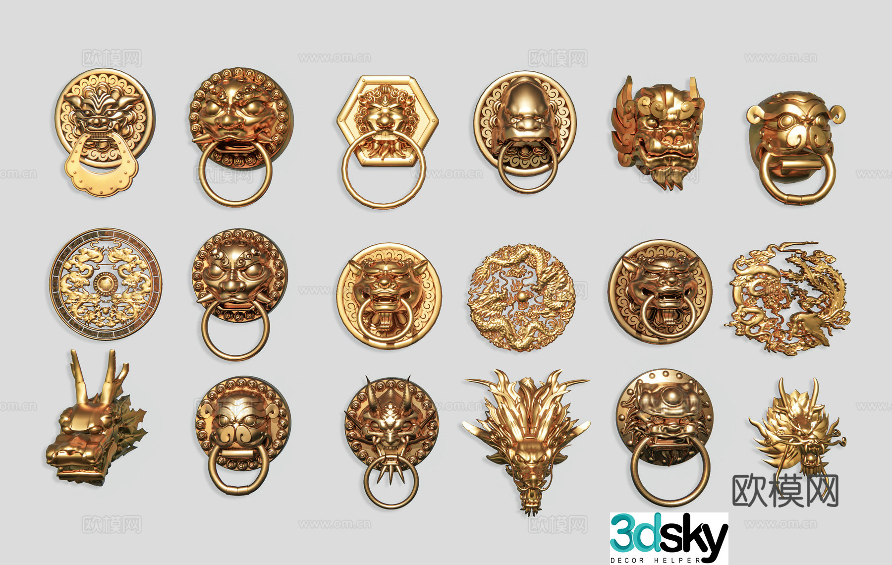 Chinese style animal copper door handle New Chinese style handle door brass handle courtyard door handle door 3D model