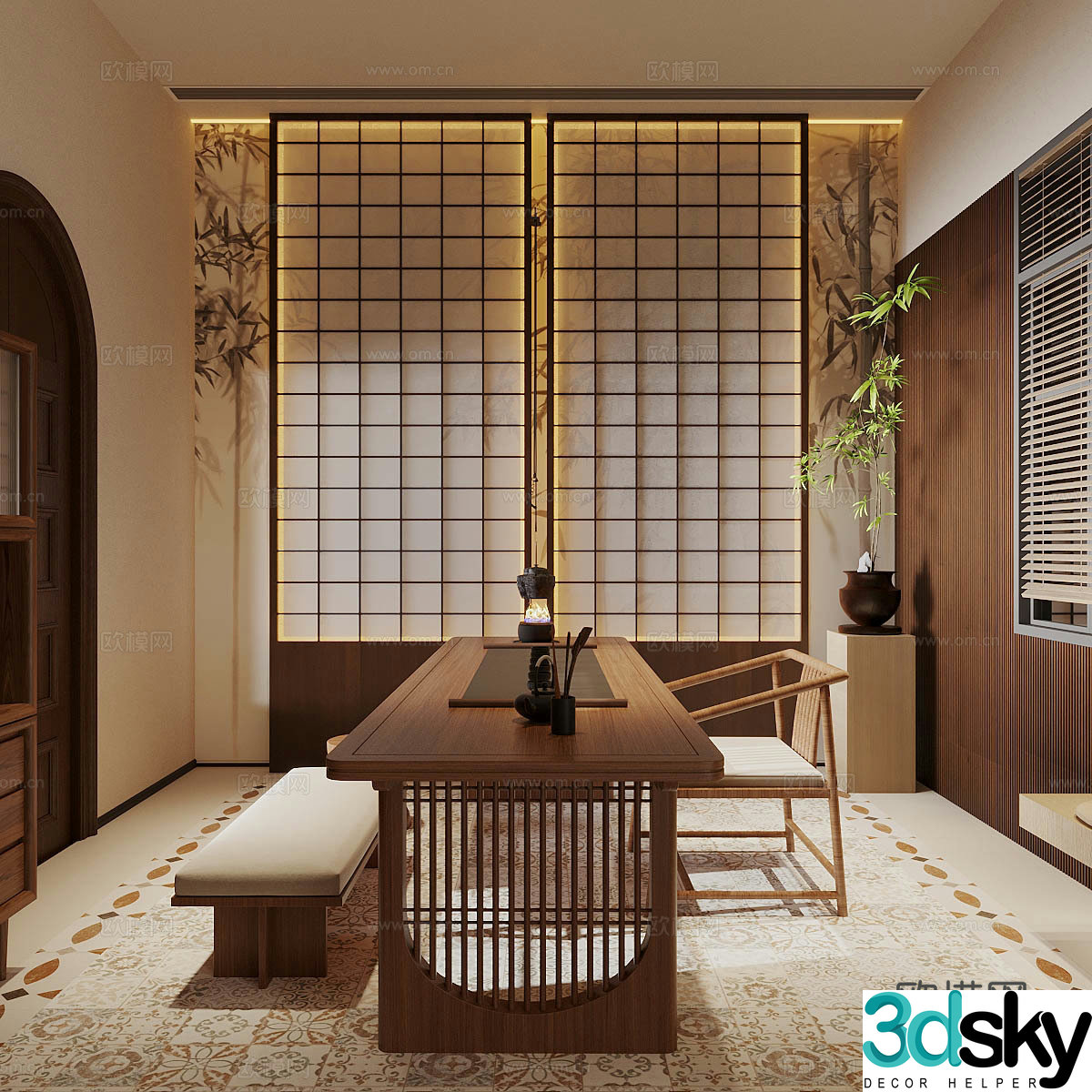 Middle-aged tea room tea tasting area Japanese tea room tatami tea room tatami tea table chair teapot 3D model