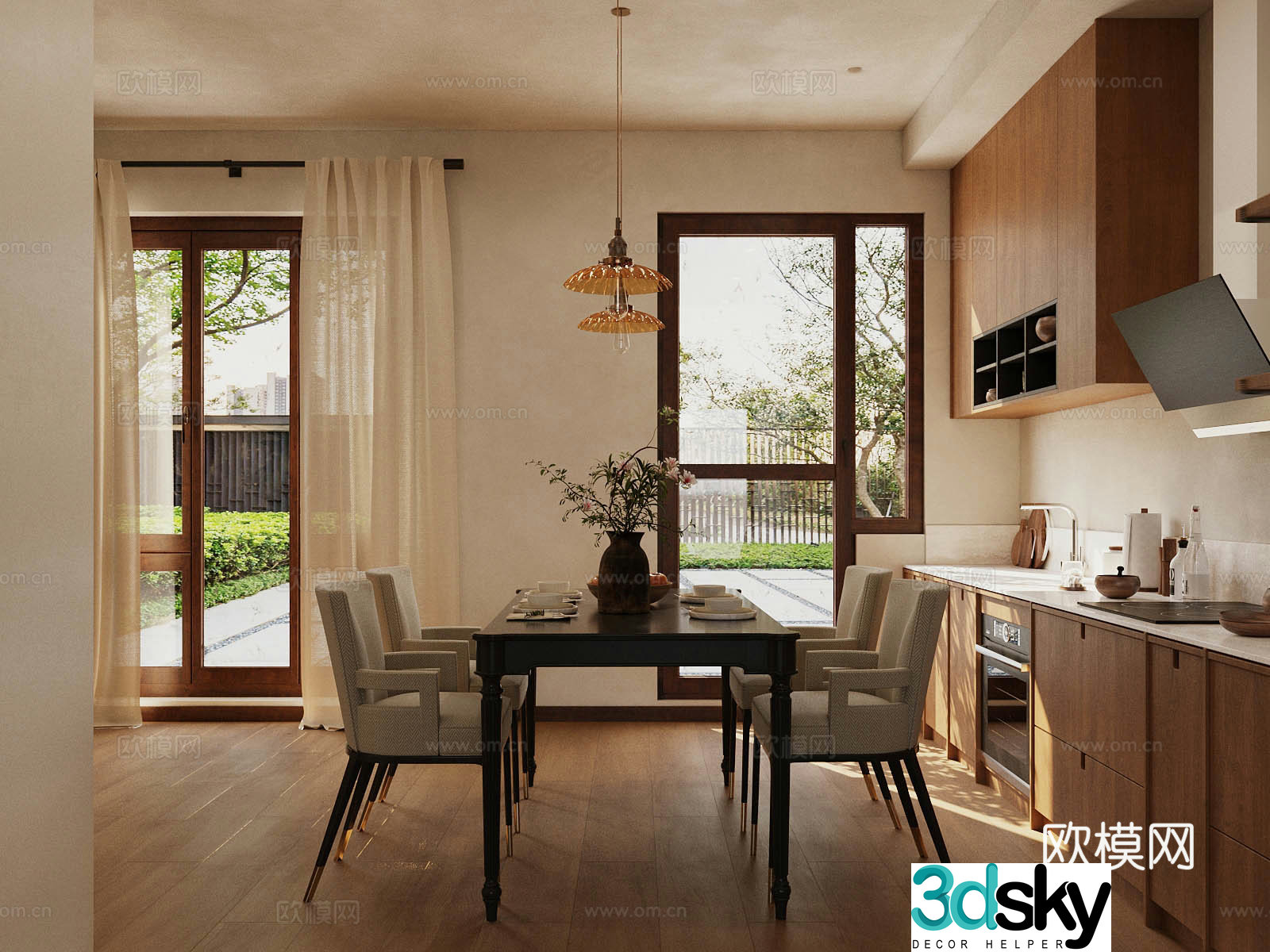 Middle style home restaurant Open restaurant Log style home restaurant Kitchen restaurant Dining table and chair 3D model