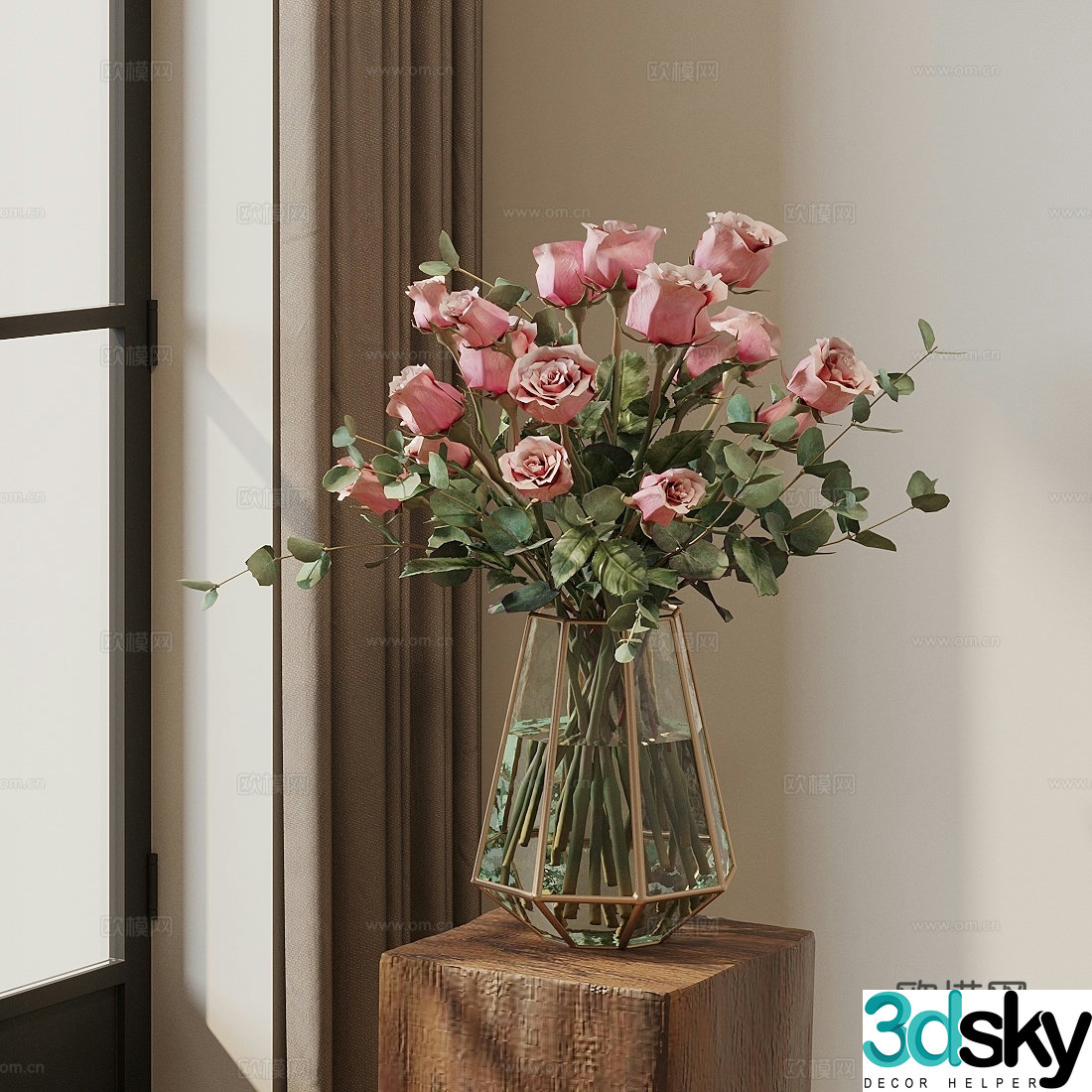 Floral ornaments Rose flowers Glass vase Flower 3D model