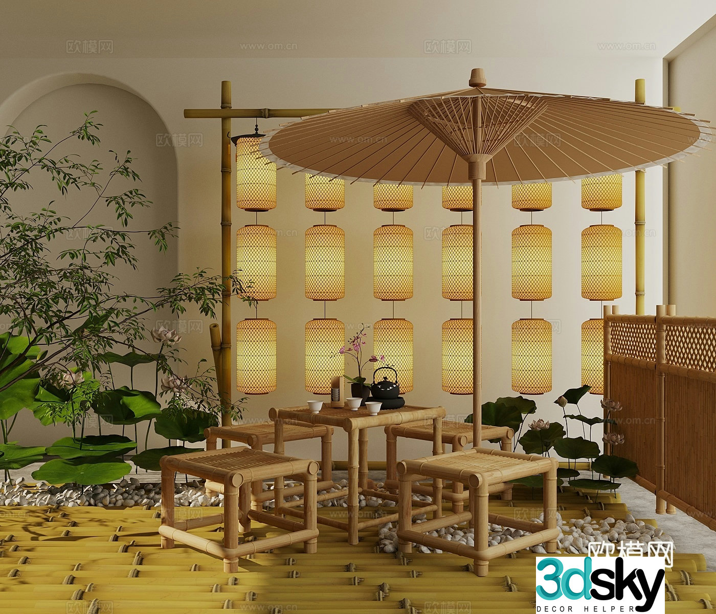 New Chinese style other chairs outdoor rattan chairs lotus oil paper umbrellas lantern combination bamboo fence 3D model