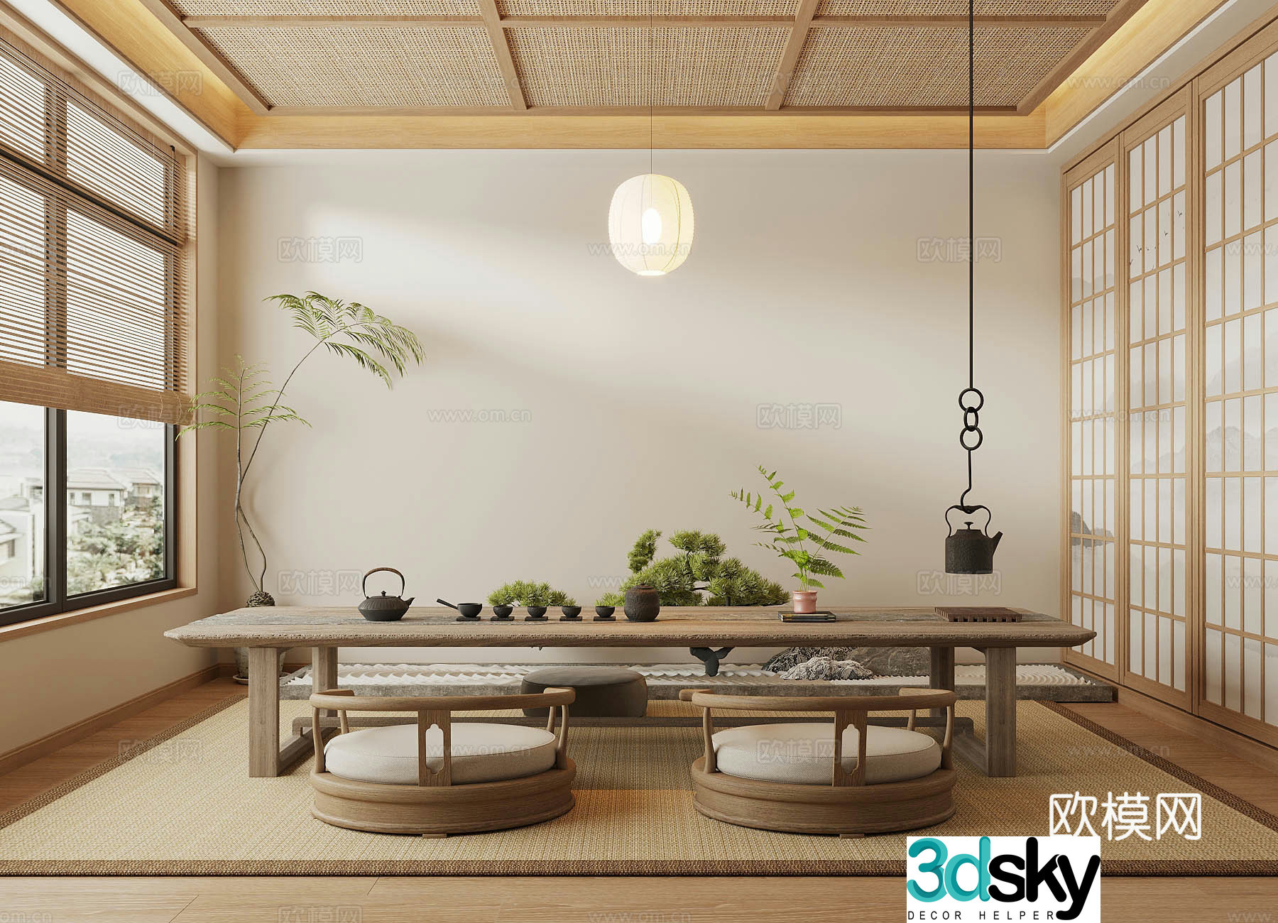 Middle-aged tea room tea tasting area Japanese tea room tatami tea room tatami tea table and chair teapot 3D model