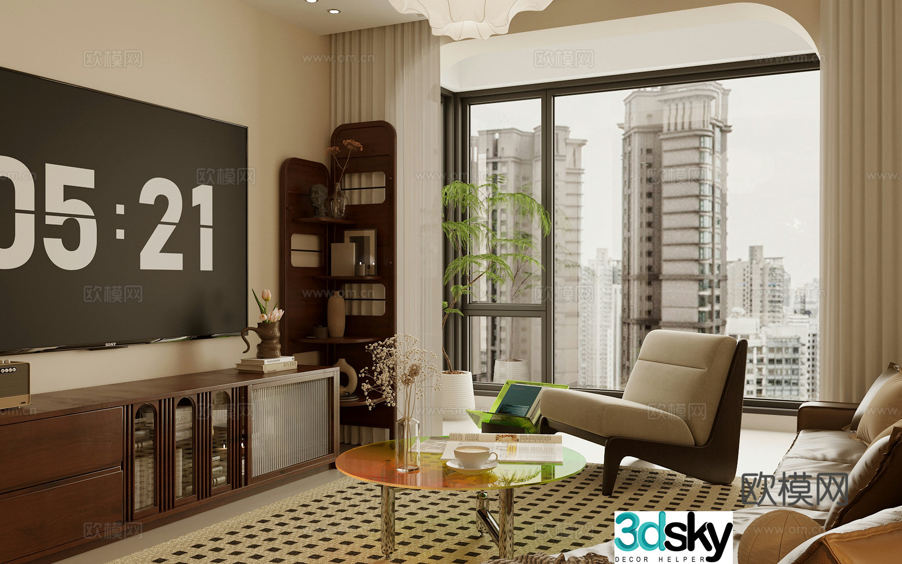 Middle style living room horizontal living room small living room sofa and coffee table combination retro style living room 3D model
