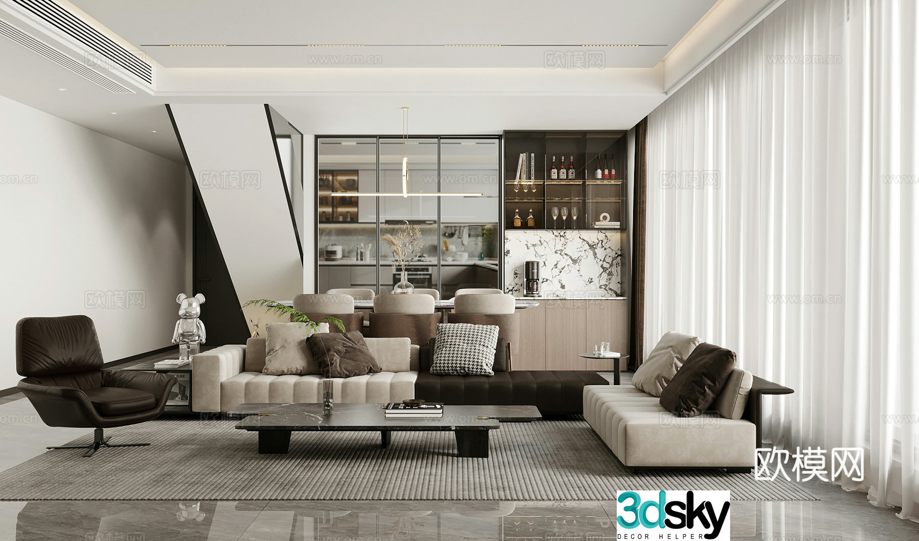 Modern living room light luxury living room Italian living room sofa coffee table combination leather multi-person sofa 3D model