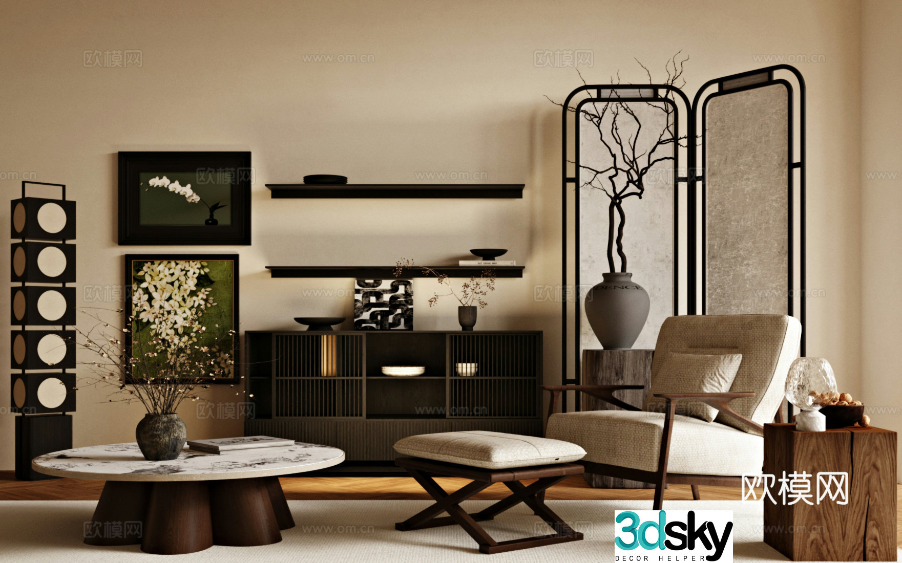 Medium style leisure chair screen side cabinet coffee table 3D model