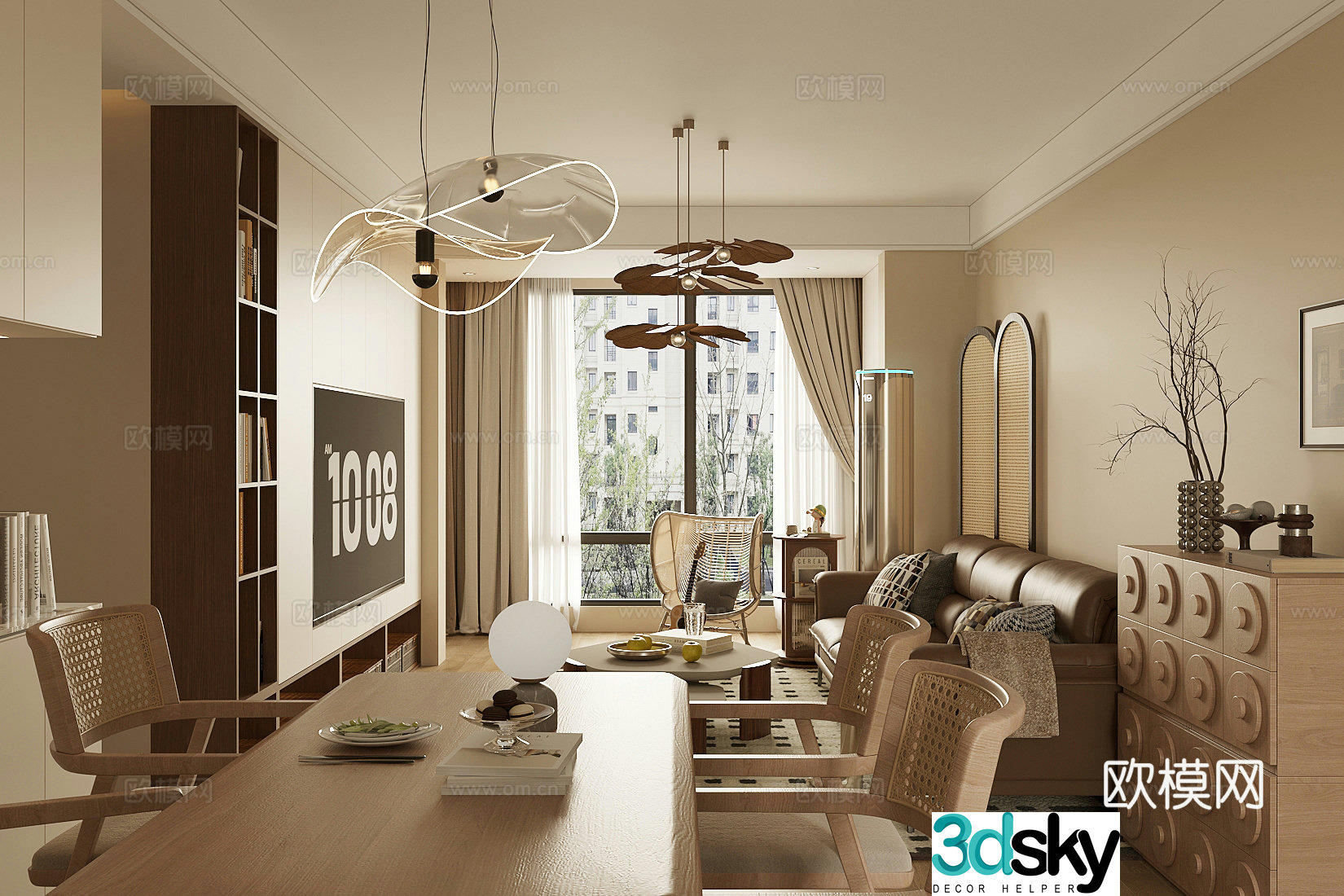 Middle style living room large flat floor living room sofa and coffee table combination middle style dining table and chair 3D model