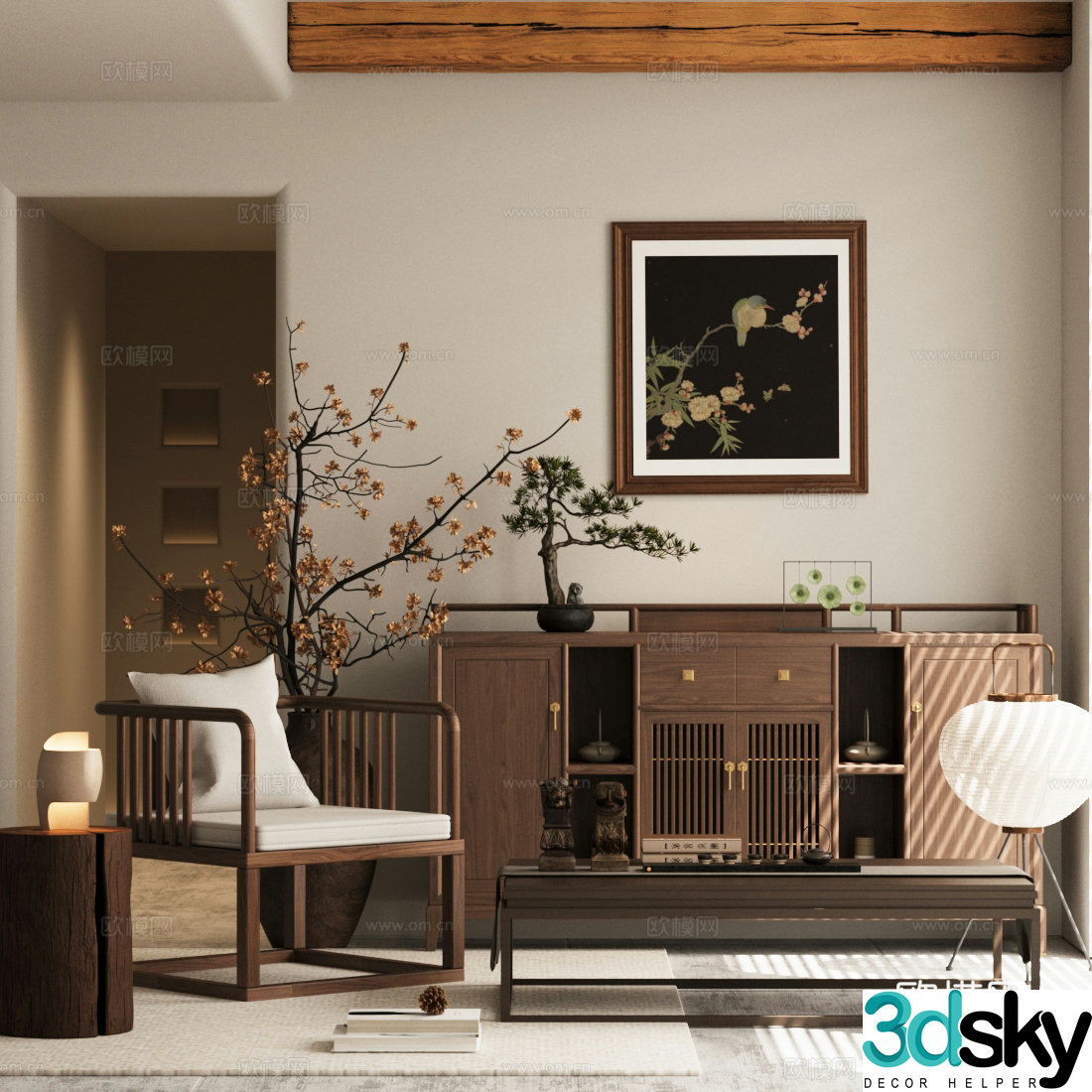 New Chinese style chest of drawers leisure chairs dried flower pots solid wood coffee table side and corner table 3D model