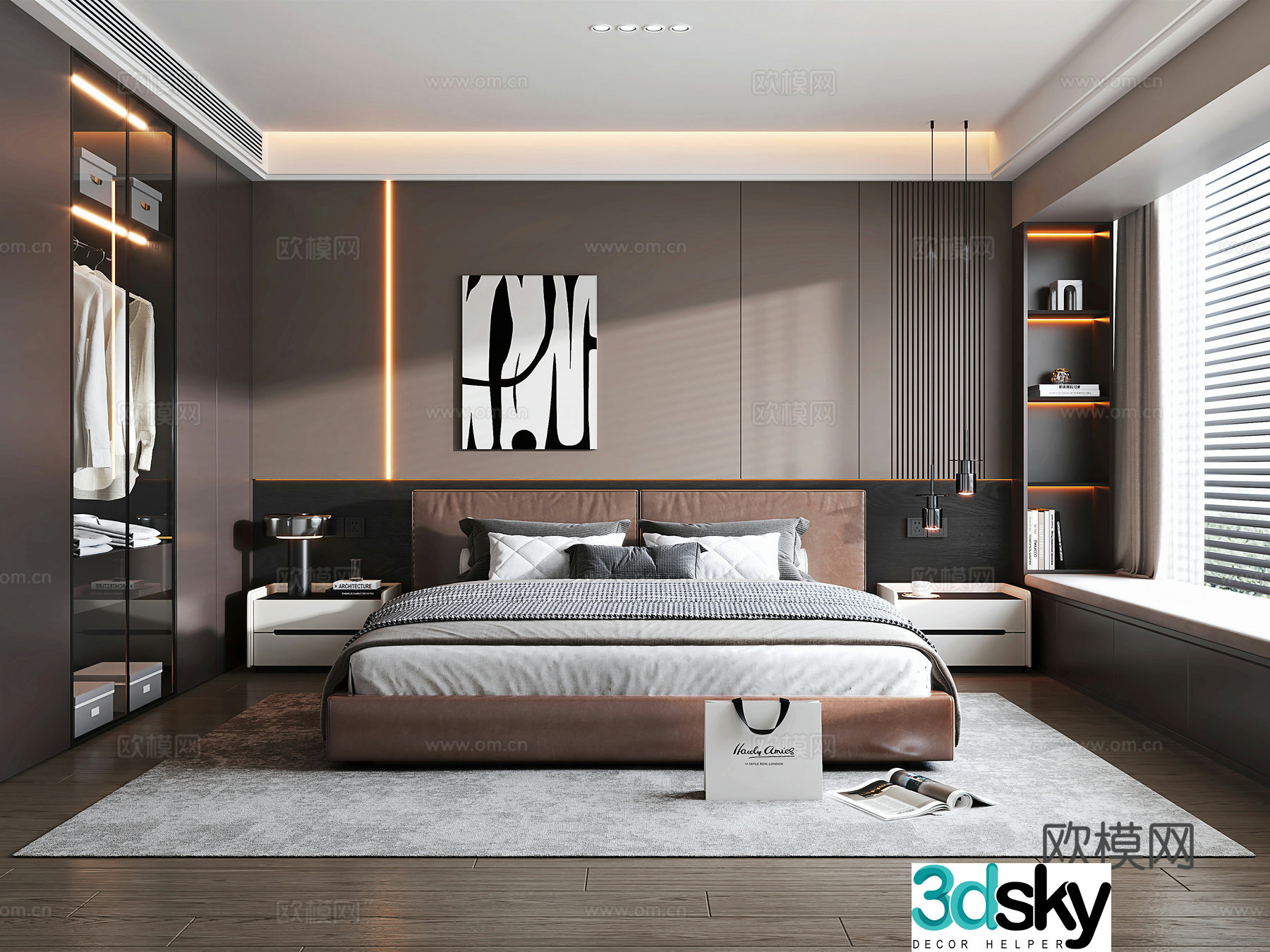 Italian light luxury home bedroom Italian light luxury double bed bed nightstand wardrobe bedside chandeliers lying 3D model