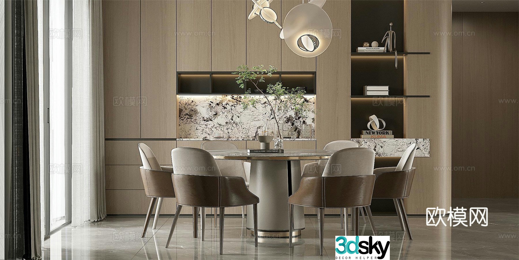 Modern light luxury Italian home restaurant Open restaurant Island restaurant Black and white and gray restaurant Round table 3D model