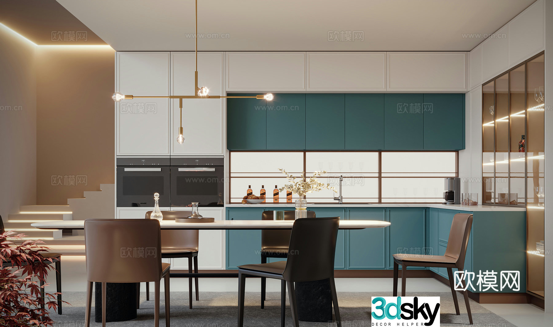Modern kitchen dining table chair chandeliers 3d model