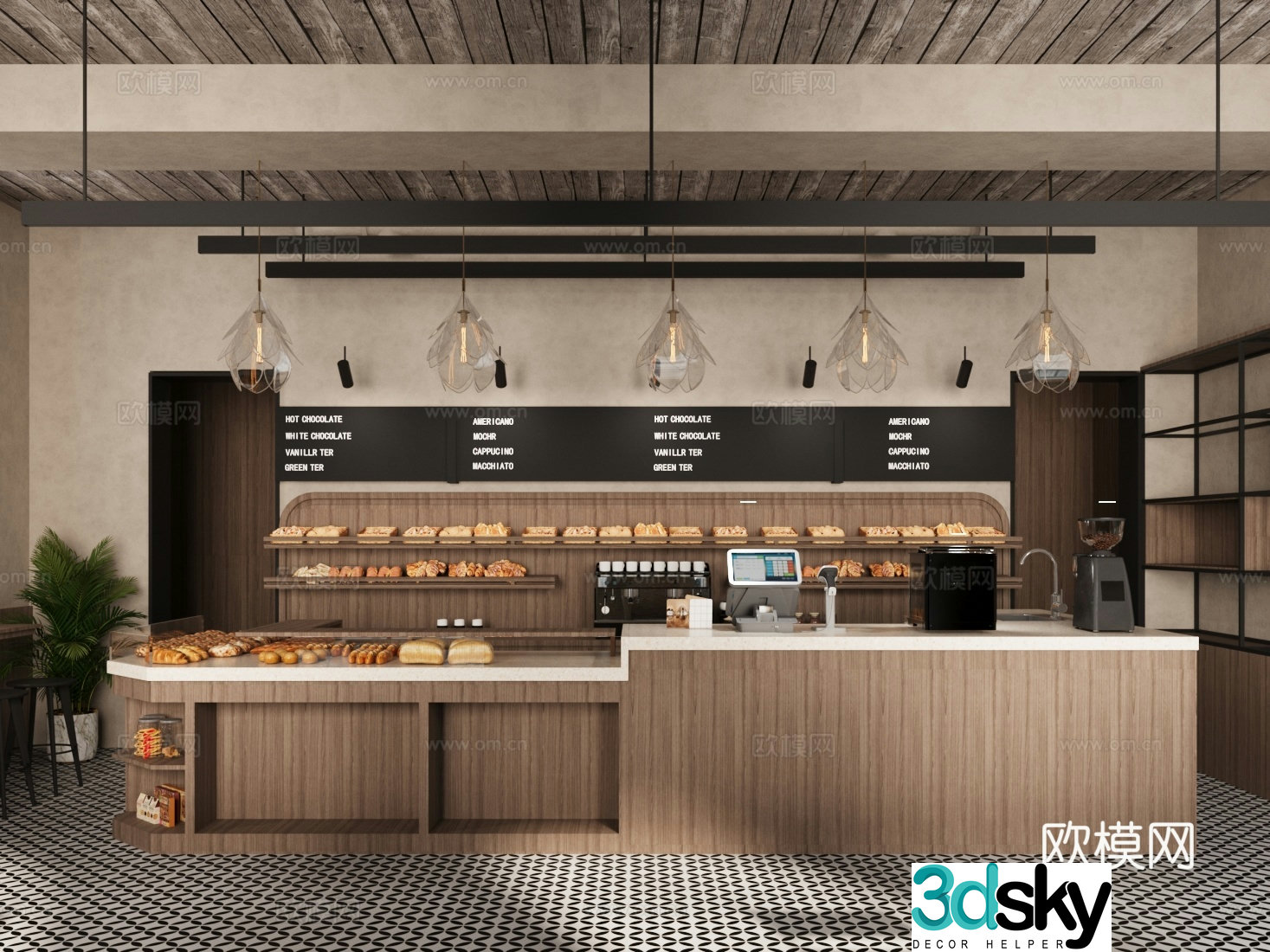 Medium vintage retro cafe Medium vintage coffee bakery Operating table Chandelier Bread cabinet 3d model