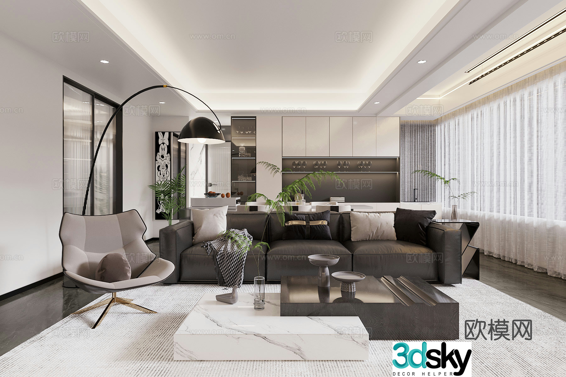 Modern home living and dining room sofa and coffee table combination leather sofa living and dining room without lights dining table and chairs 3D model