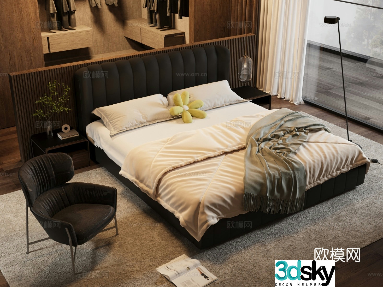 Modern home bedroom black and white gray bedroom home bedroom 3d model