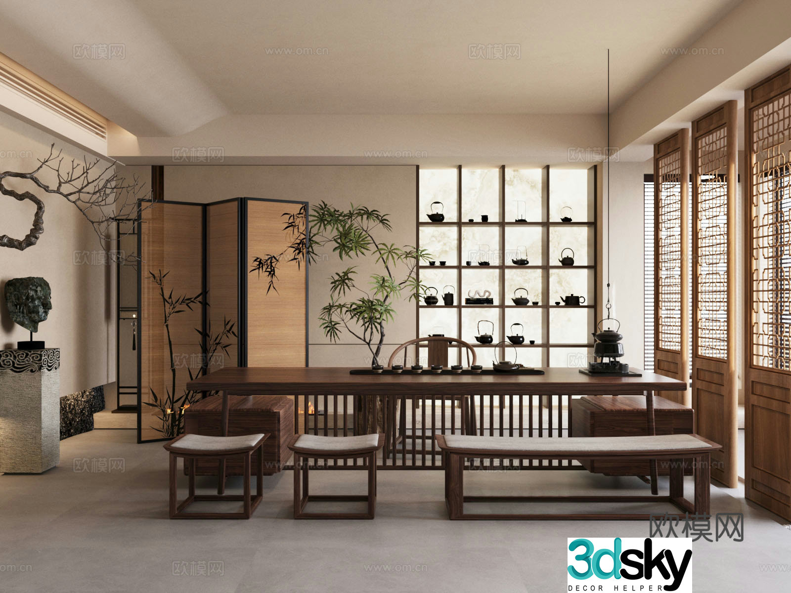 New Chinese-style tea room Tea room Tea table and chair combination Bo Gu shelf Screen Green plant 3D model