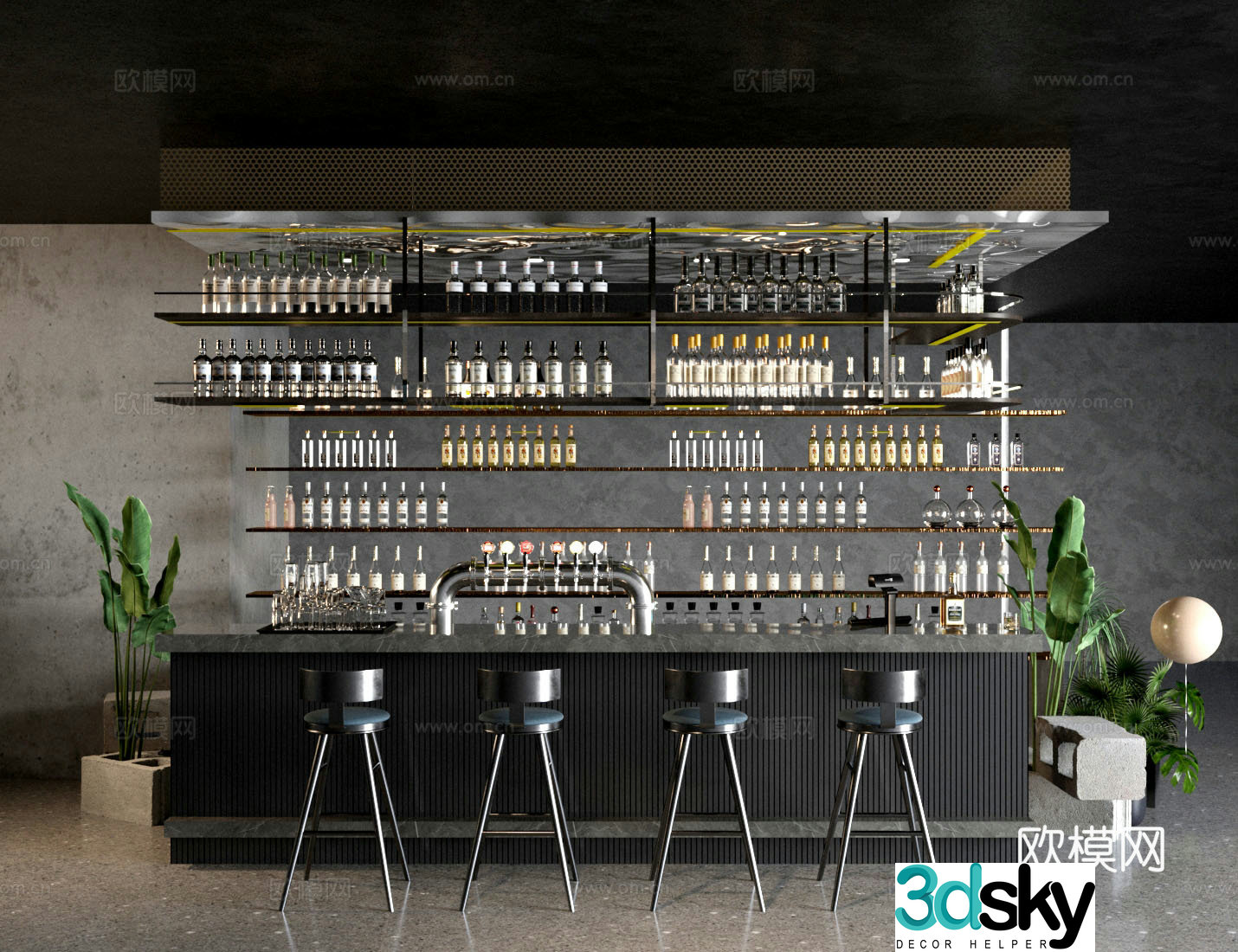 Modern industrial other catering spaces Water bar bar counter bar chair combination 3D model