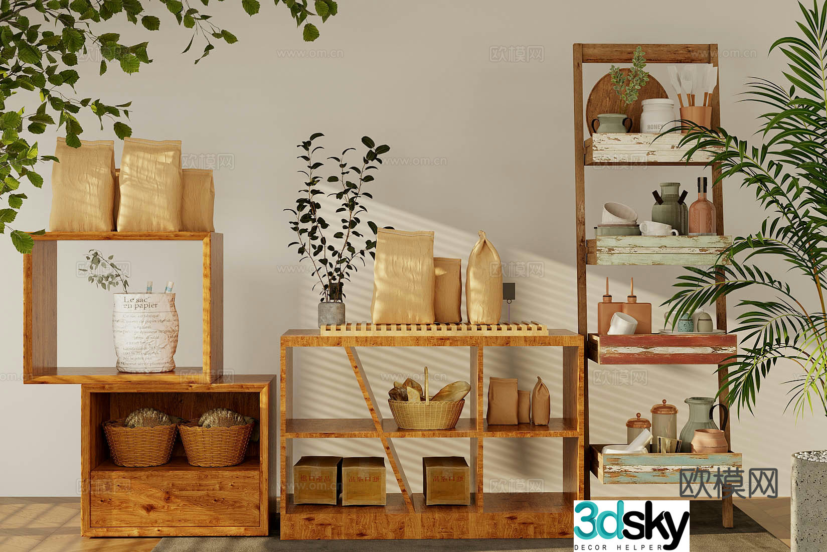 Log-style storage rack Restaurant storage rack Medium style ornament combination Jewelry ornament combination Storage 3D model