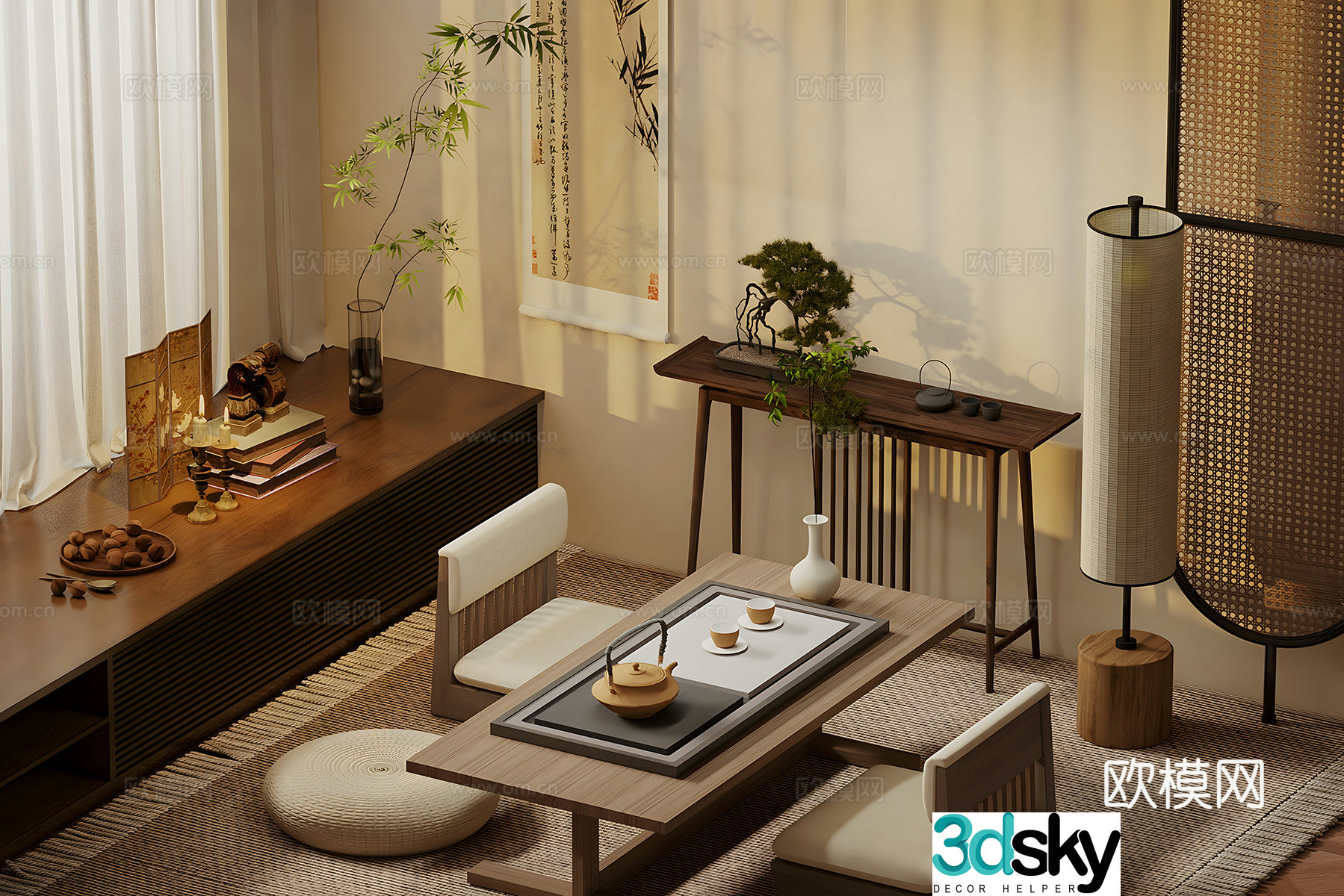 New Chinese-style tea room Tatami tea room New Chinese-style table floor lamp Tea set Ornament combination 3D model