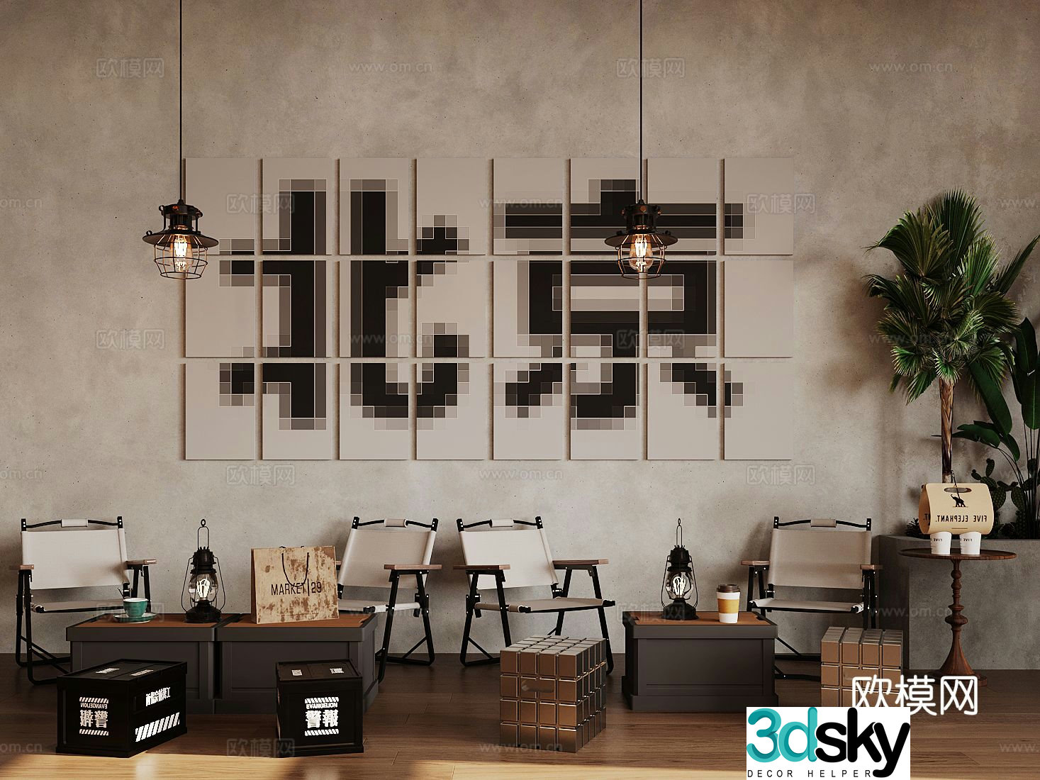 Industrial style Cafe lounge area Camping chair Coffee table and chair 3d model