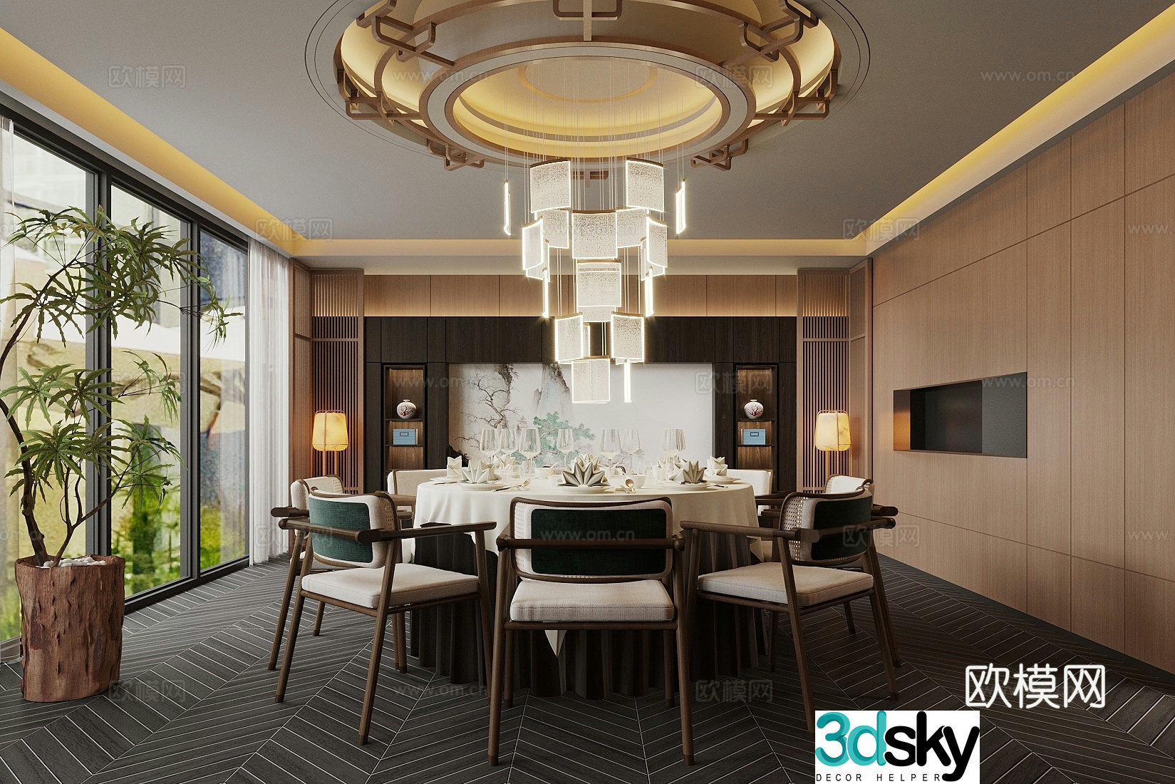 New Chinese-style private room Restaurant private room Dining table and chair combination Crystal chandelier 3D model