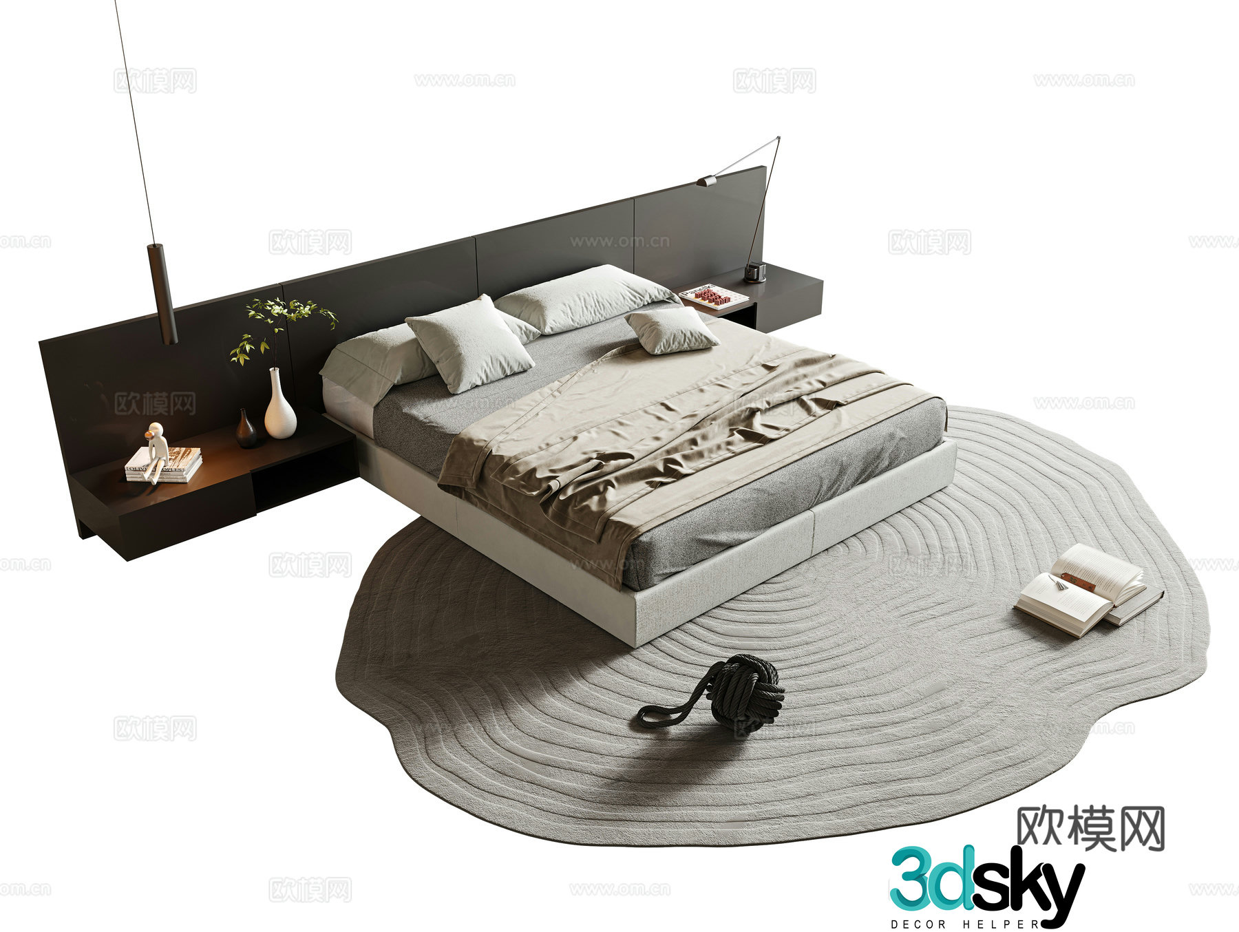 Modern minimalist double bed fabric double bed master bedroom double bed bed head back panel hanging bedside table 3D model