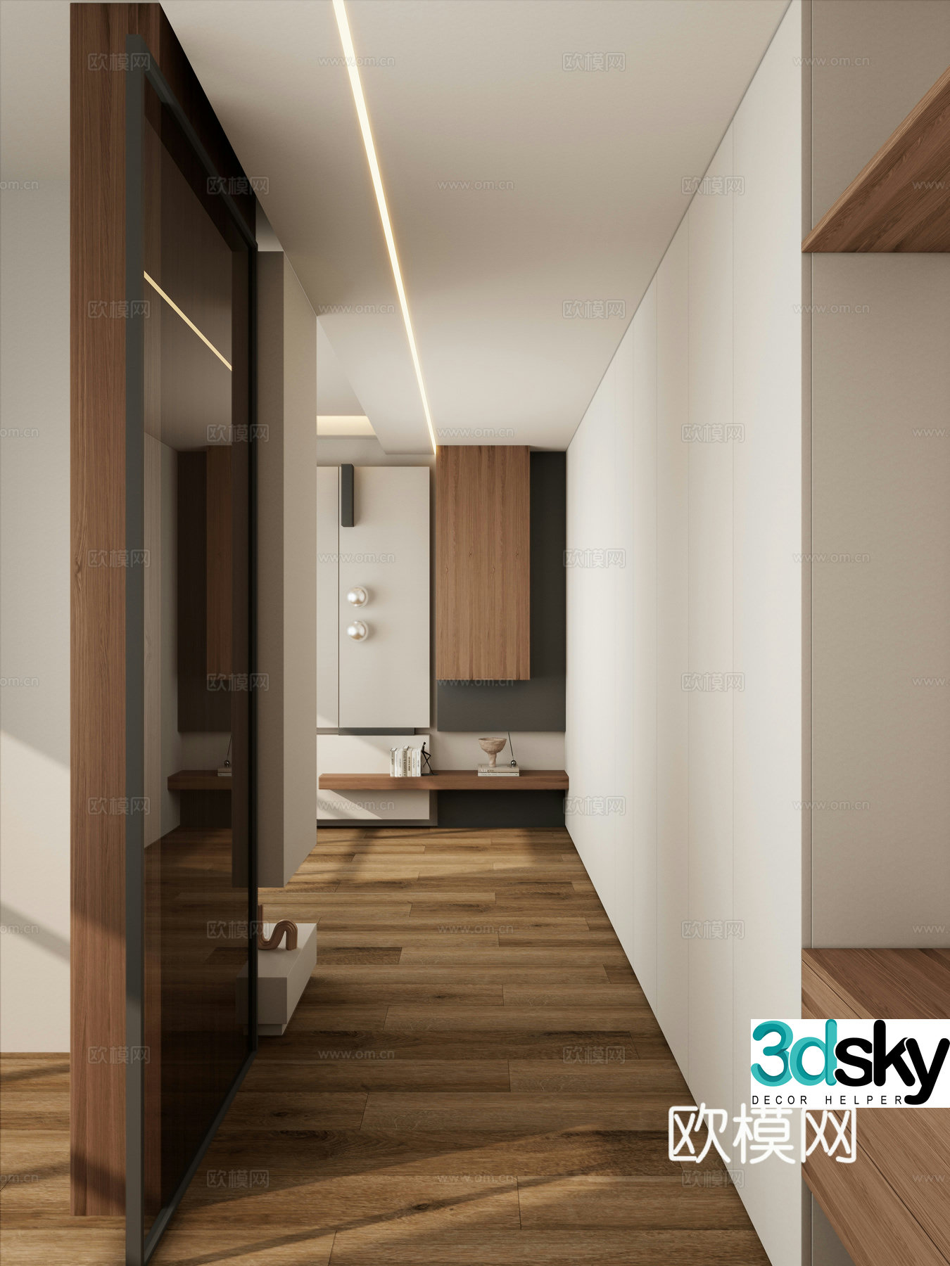 Italian style log style wood grain brick geometric stacking line of sky full wall cabinet bedroom end view 3D model