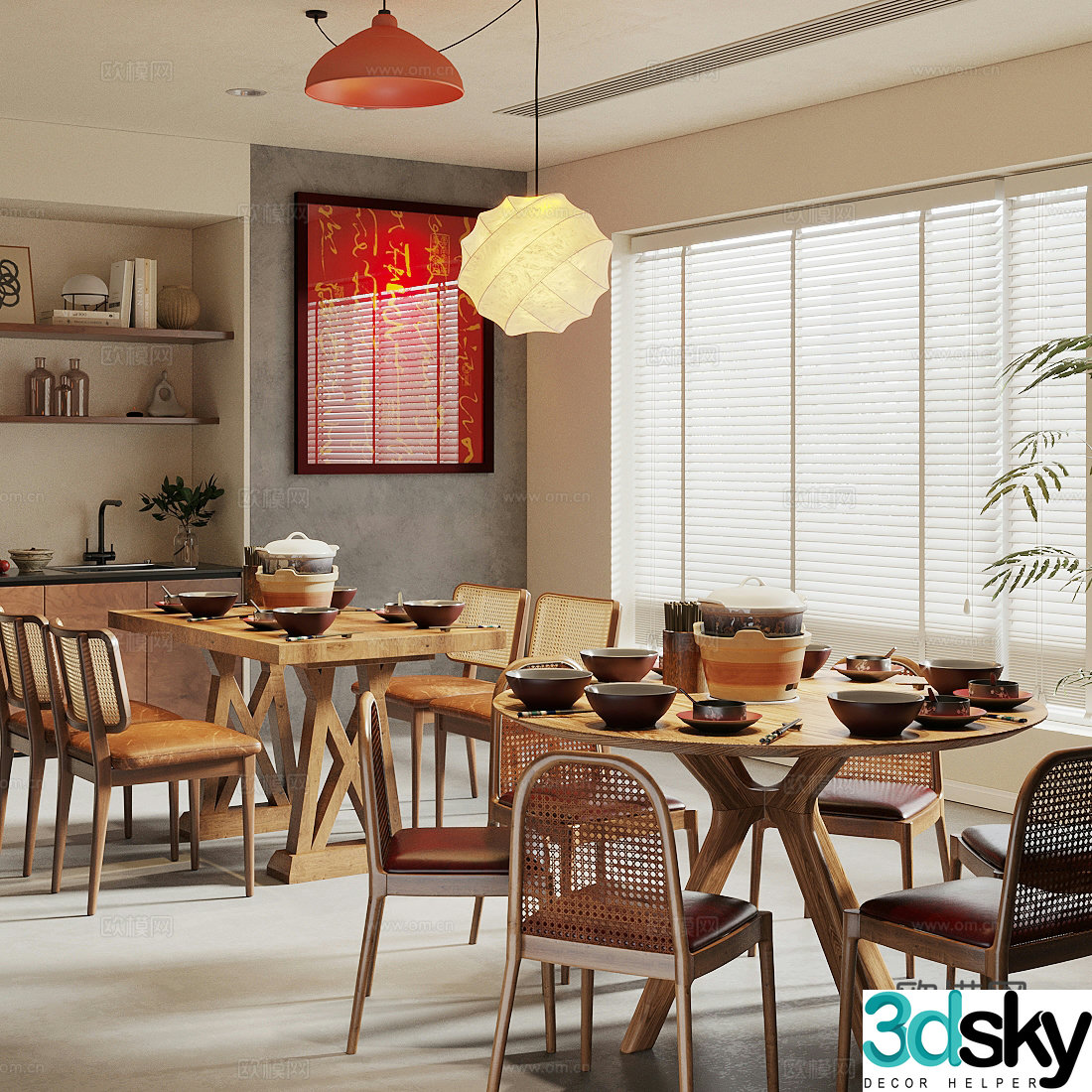 New Chinese dining table and chairs Solid wood dining table and chairs Solid wood round tables Casserole table and chairs Hotpot restaurant table and chairs 3D model