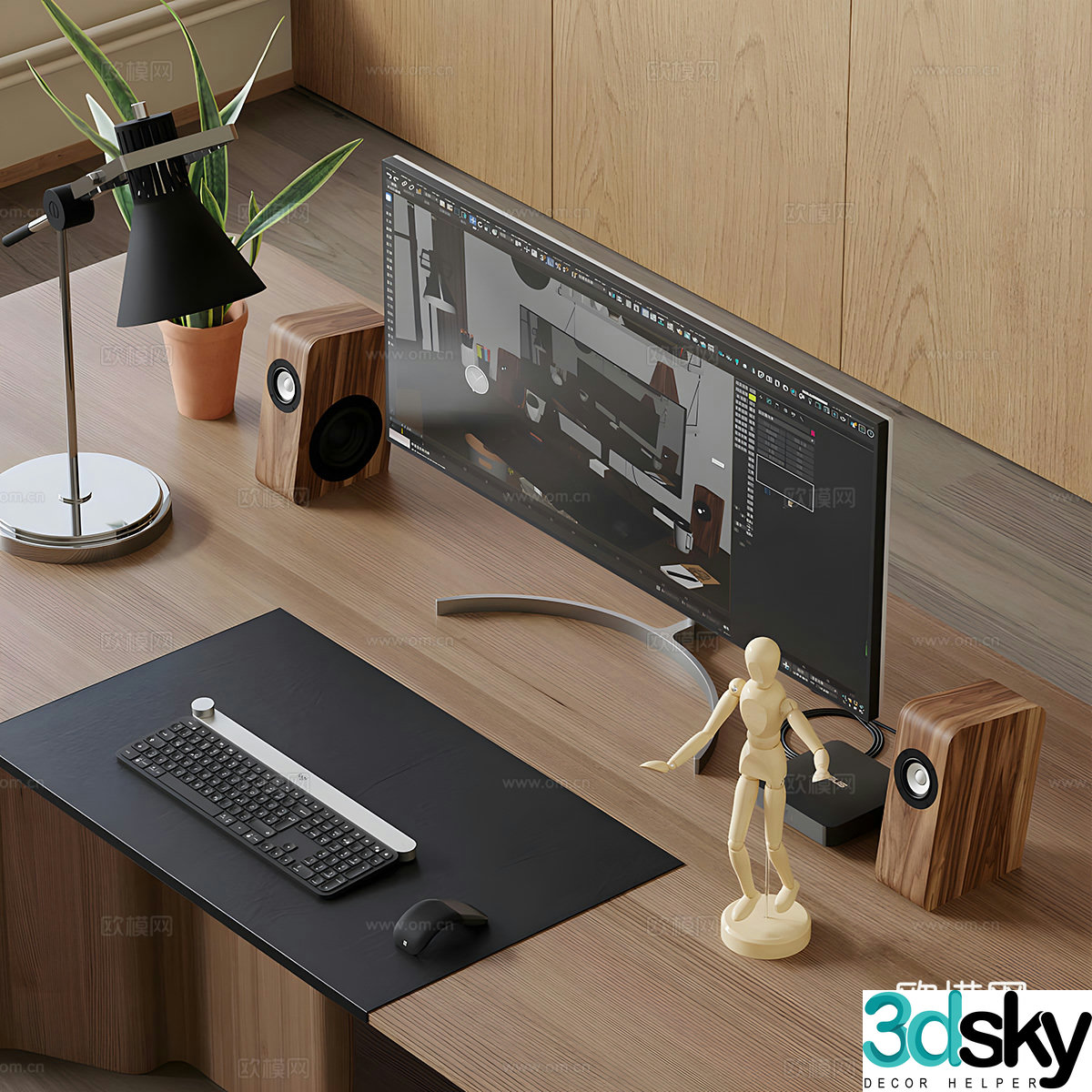 Desktop computer study computer monitor keyboard mouse coffee vase desk lamp 3d model
