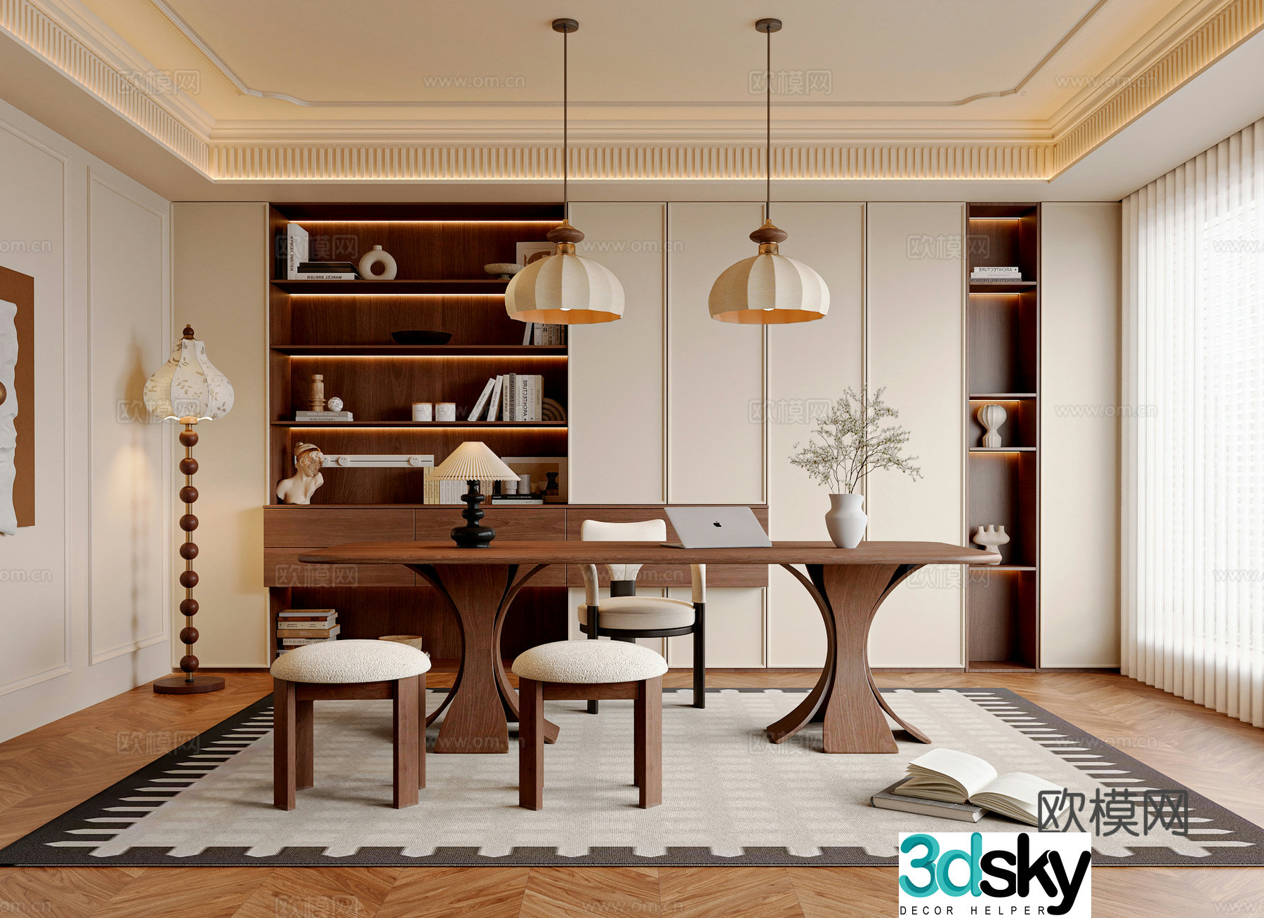 French medieval style study room medieval style desk and chair combination chandelier floor lamp medieval style bookcase 3D model
