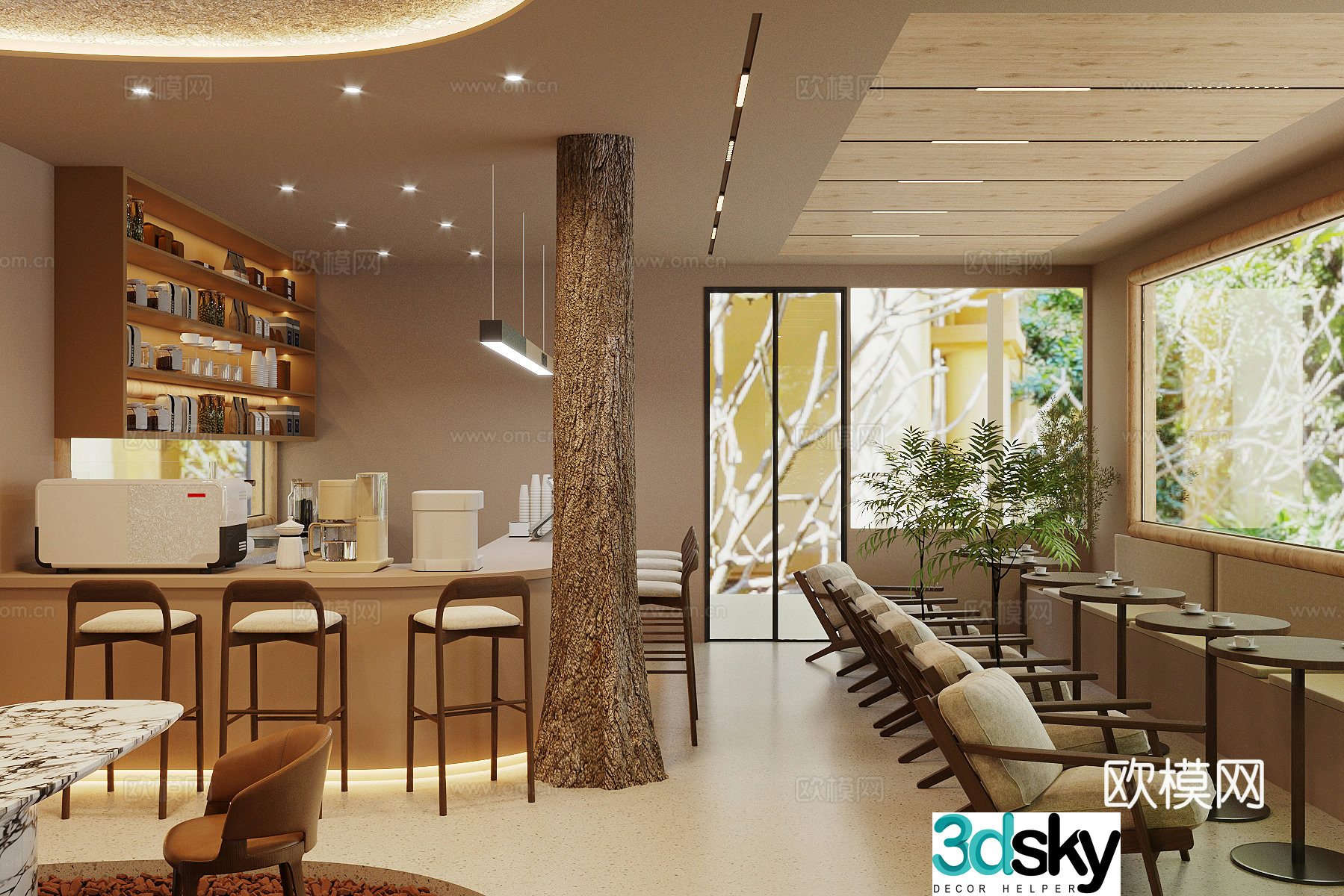 Log wood style milk tea shop cafe 3d model