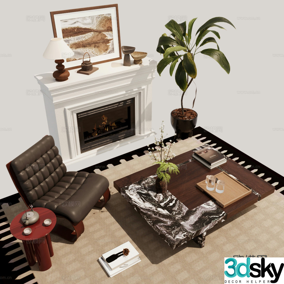Middle style leisure chair fireplace 3d model