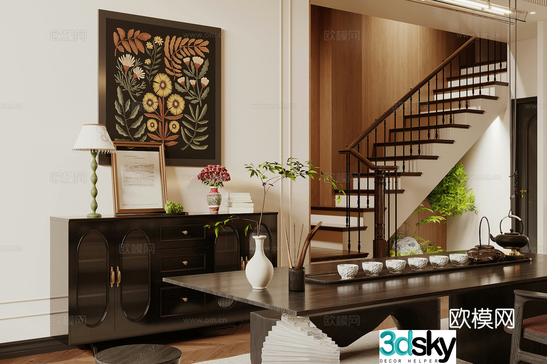 New Chinese-style Zen tea room tea tasting area tea table and chair combination club tea room Song-style aesthetic tea room 3D model